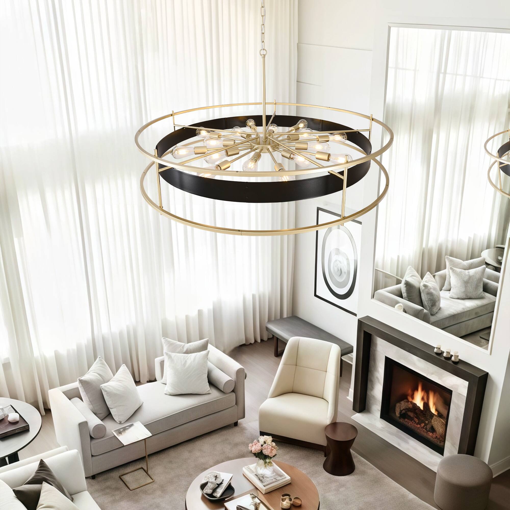 Alt View 1. RYHNUYNE - Modern Black and Gold 16-Light Chandelier - 48 Inch Round Adjustable Pendant Light for Dining Room, Living Room, Foyer.