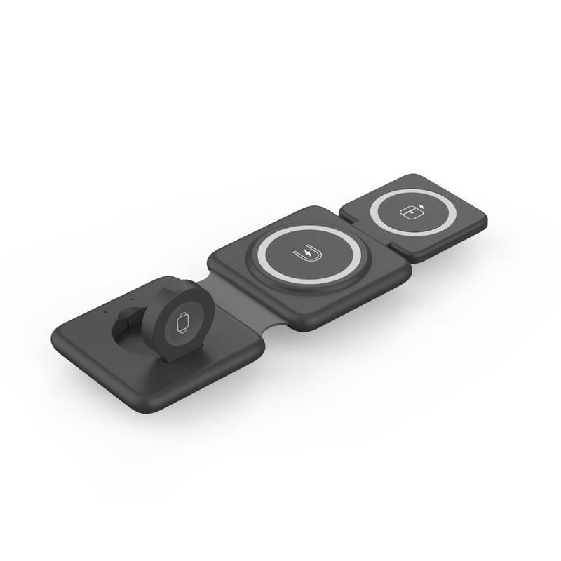 Left. SKRAN - 3-in-1 Magnetic Wireless Charger - Multi-Functional Phone Stand for Apple iPhone 14, Foldable Charging Station, Black - Black.