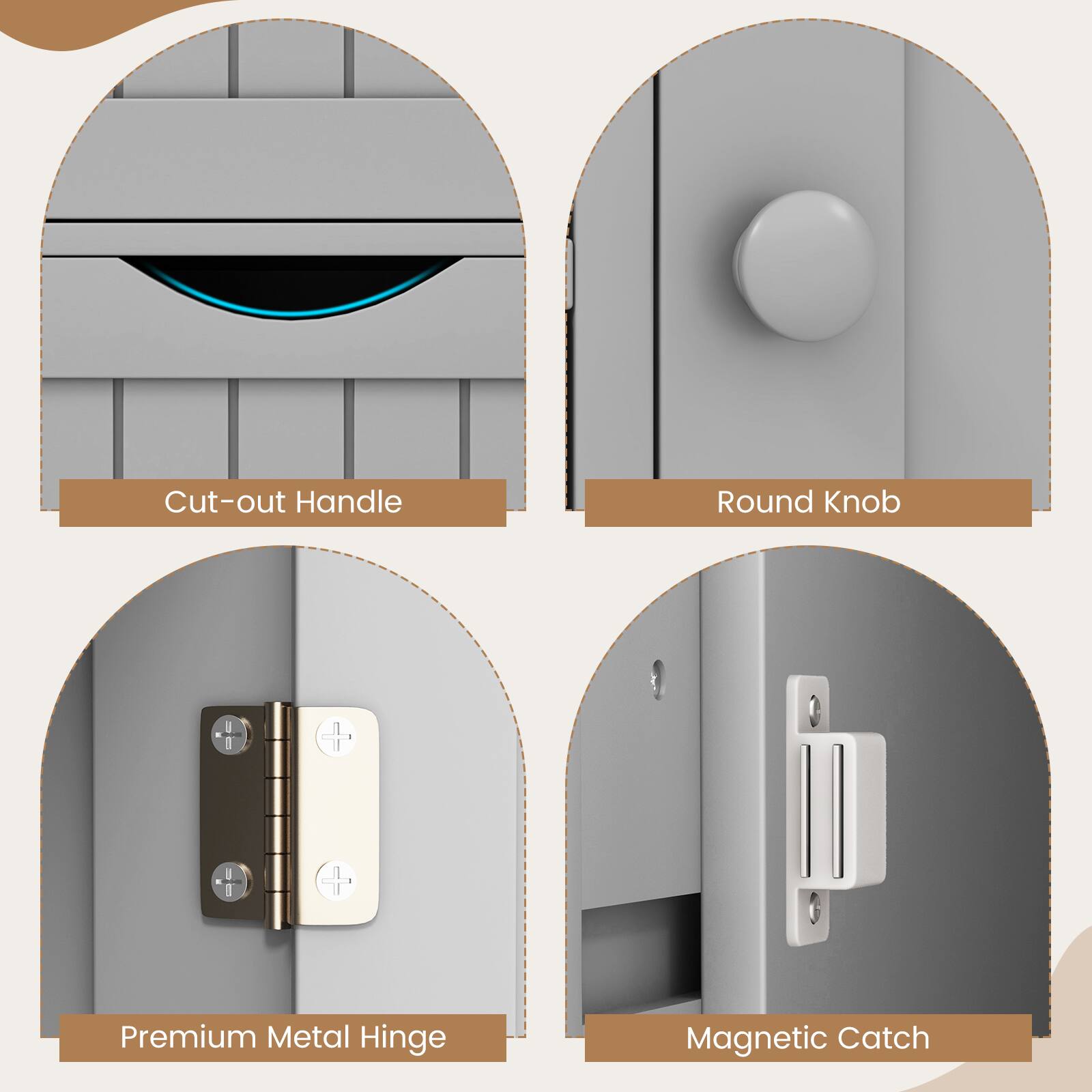 Cut-out Handle, Round Knob, Premium Metal Hinge, Magnetic Catch