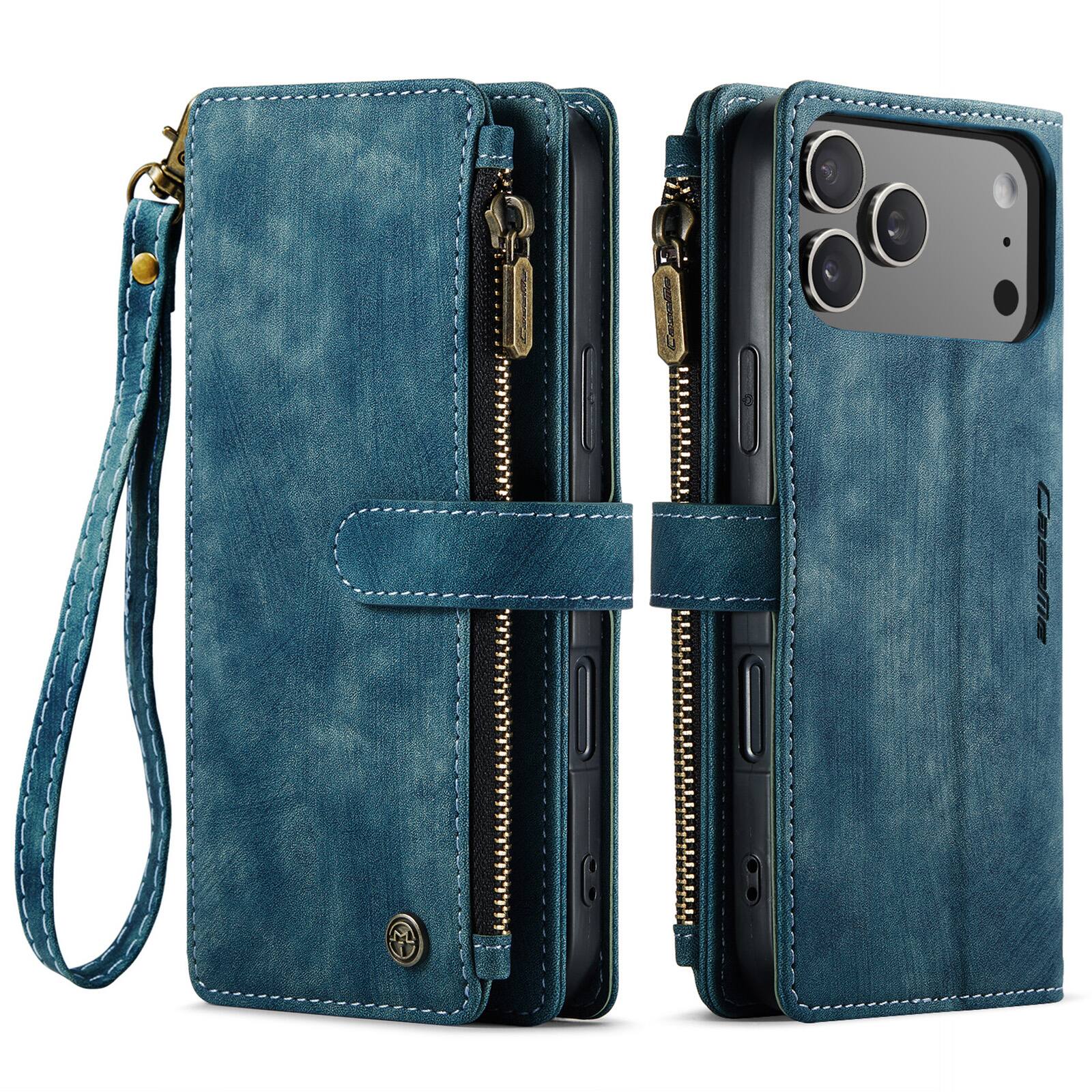 Alt View 4. UUCOVER - Wallet Case for Apple iPhone 17 Pro with Zipper Pocket, Card Slot Cash Holder and Wrist Strap, Magnetic Flip Stand Cover - Blue.