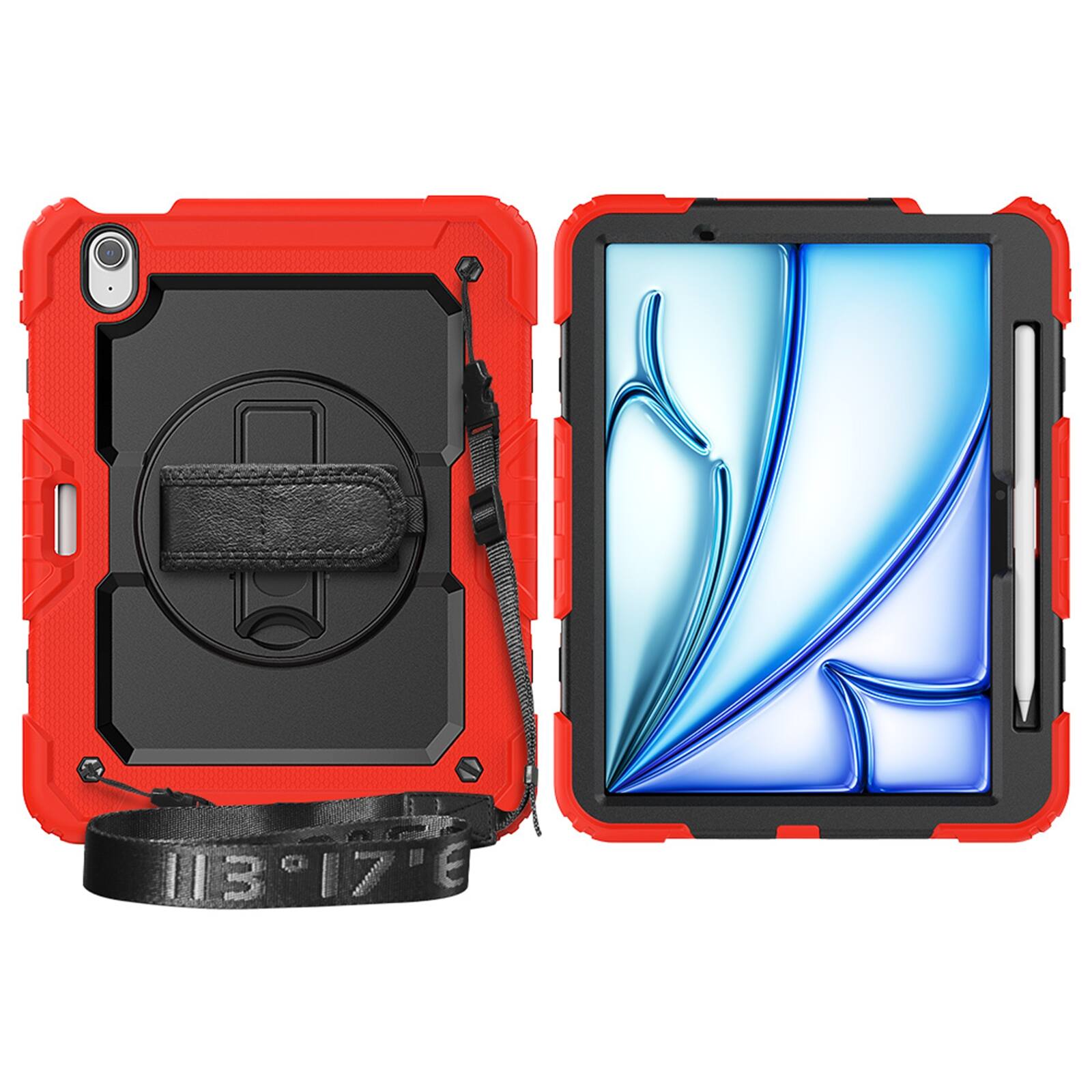 Angle. UUCOVER - Full Body Case for iPad Air 13-inch M4/M3/M2 Shockproof Built-in Screen Protector Stand with Hand/Shoulder Strap Cover - Black+Red.