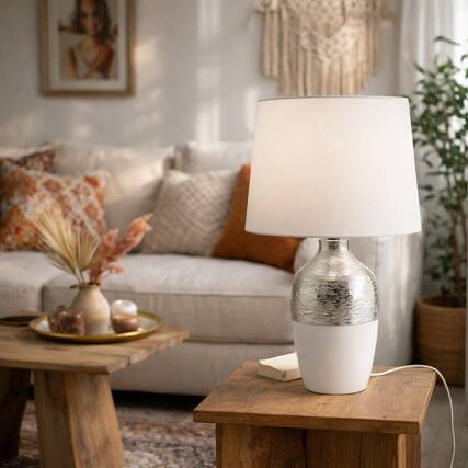 Front. FC Design - 23"H White Ceramic Vase w/ Metallic Textured Accent Table Lamp.
