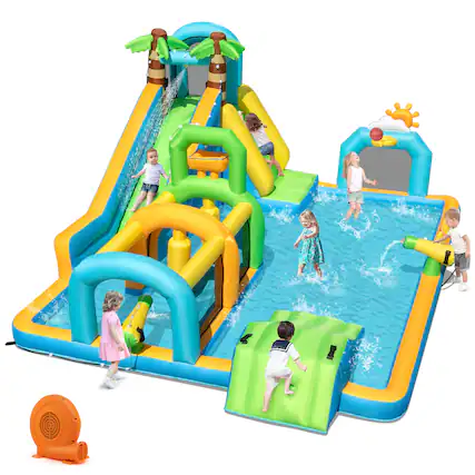 Front. Gymax - Gymax Inflatable Water Slide w/Splash Pool Climbing Wall Football Goal 750W Blower.