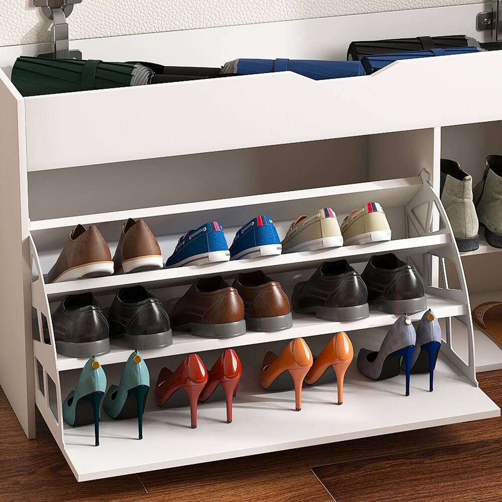 Alt View 2. Ropilly - Ropilly White Entryway Bench with Shoe Storage Hidden Cabinet Cushioned Seat Space Saving Organizer - White.