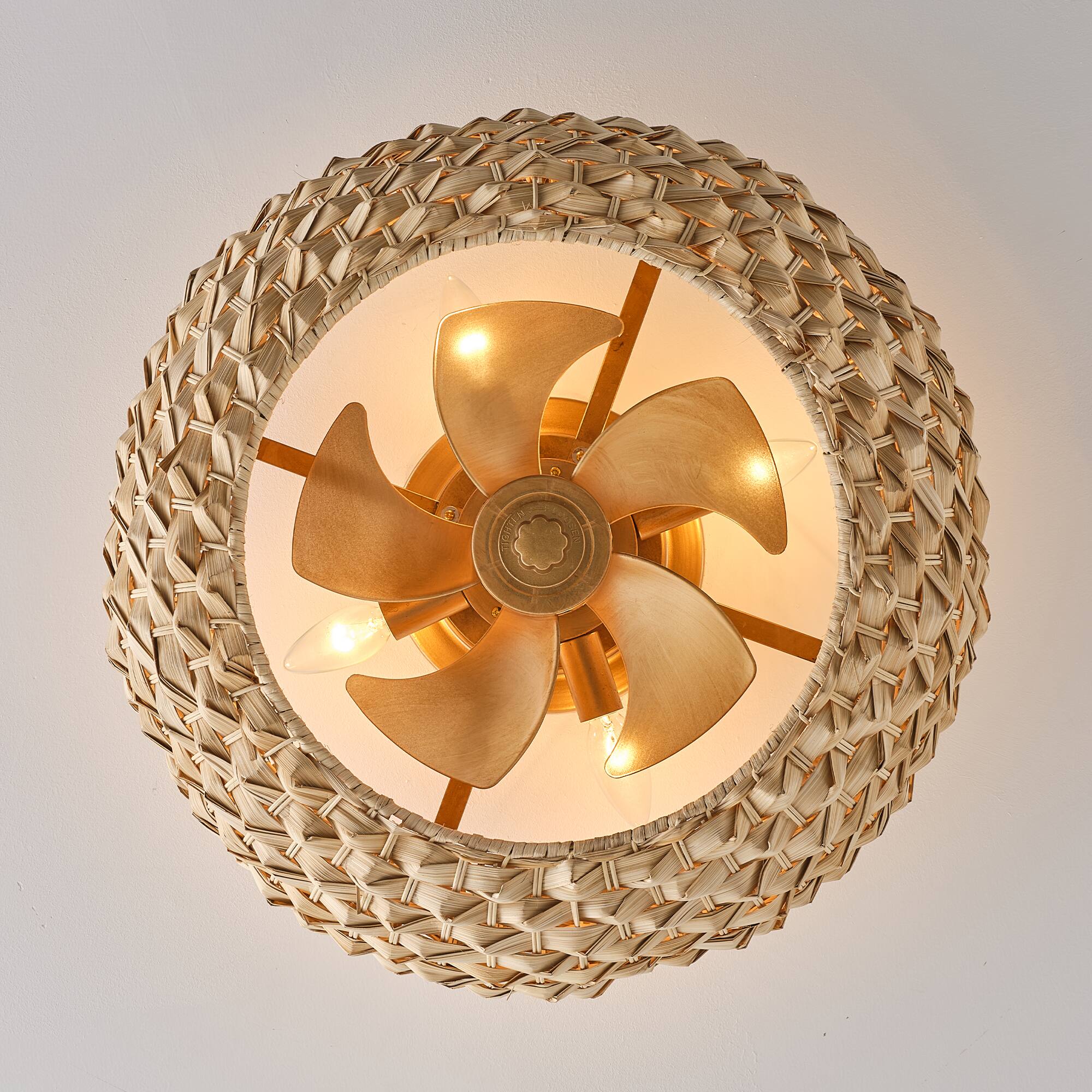 Alt View 2. Vaczon - 20" Ceiling Fan with Light and Remote, Flush Mount Low Profile Rattan Ceiling Fan, 6-Speed, Woven Bamboo Shade - Natural Bamboo / Gold.