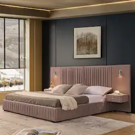 Anysun - King Chenille Upholstered Platform Bed with Pleated Design & Headboard - Solid Frame, Side Table, No Box Spring Needed - Pink