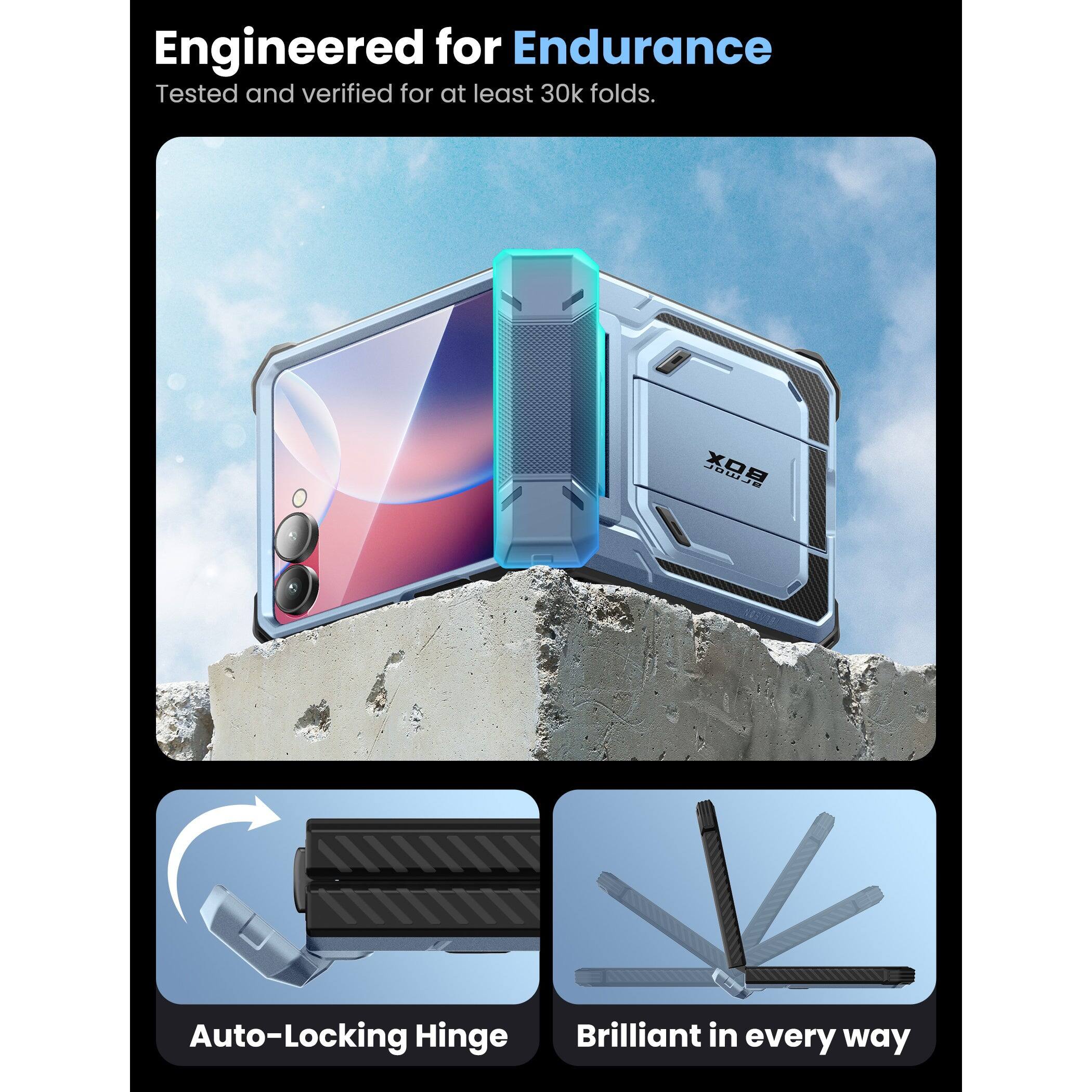 Engineered for Endurance  
Tested and verified for at least 30k folds.

Auto-Locking Hinge

Brilliant in every way
