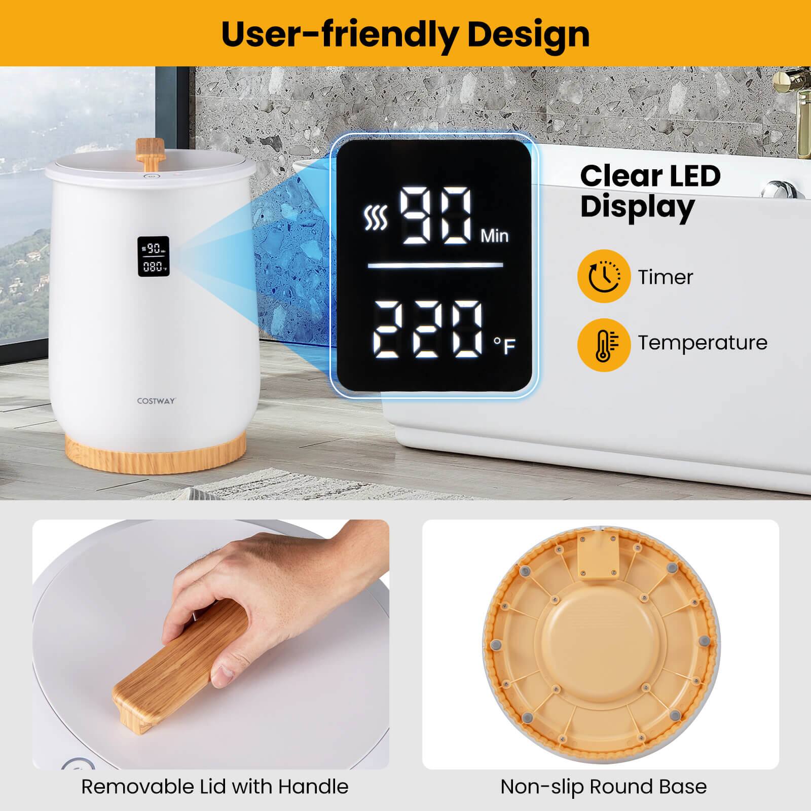 User-friendly Design

- Clear LED Display
  - Timer: 90 Min
  - Temperature: 220°F

- Removable Lid with Handle

- Non-slip Round Base