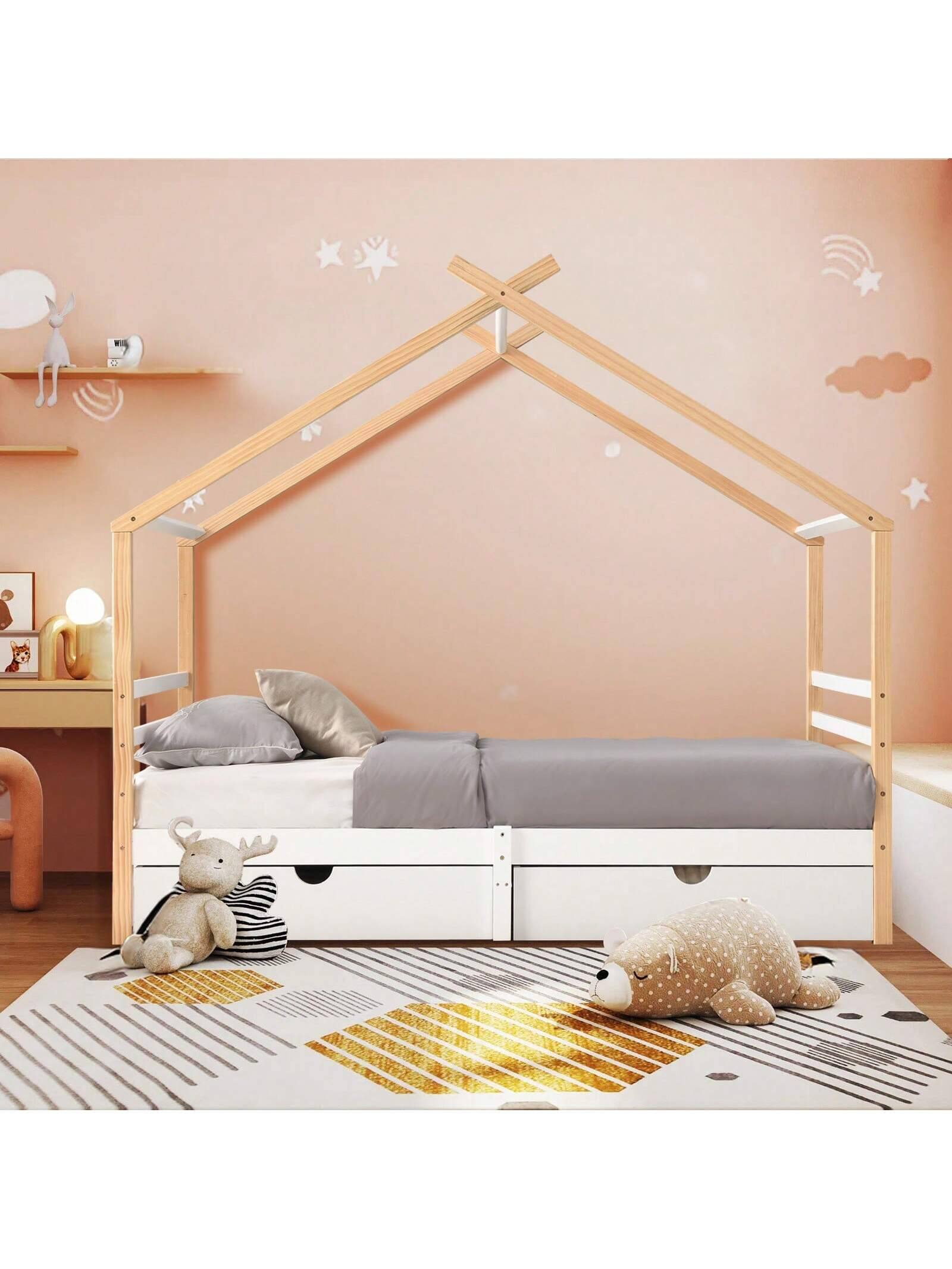 Angle. Trinkets Crazed - Twin House Bed With Drawers,Wooden Twin Bed Frame With Storage,Bed House Bed,No Box Spring Needed - White.