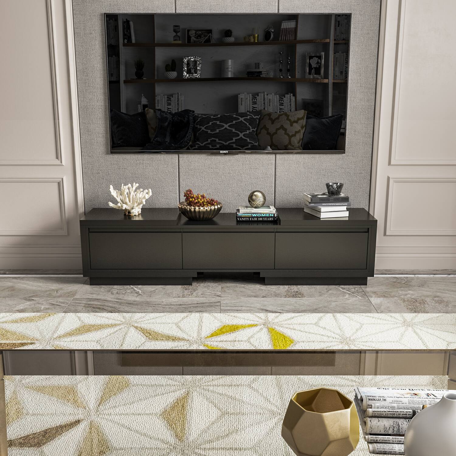 FUFU&GAGA - Extendable TV Stand for 80 Inch TVs, Entertainment Center with Storage Drawers and Open Shelves, Modern Media Console - Black