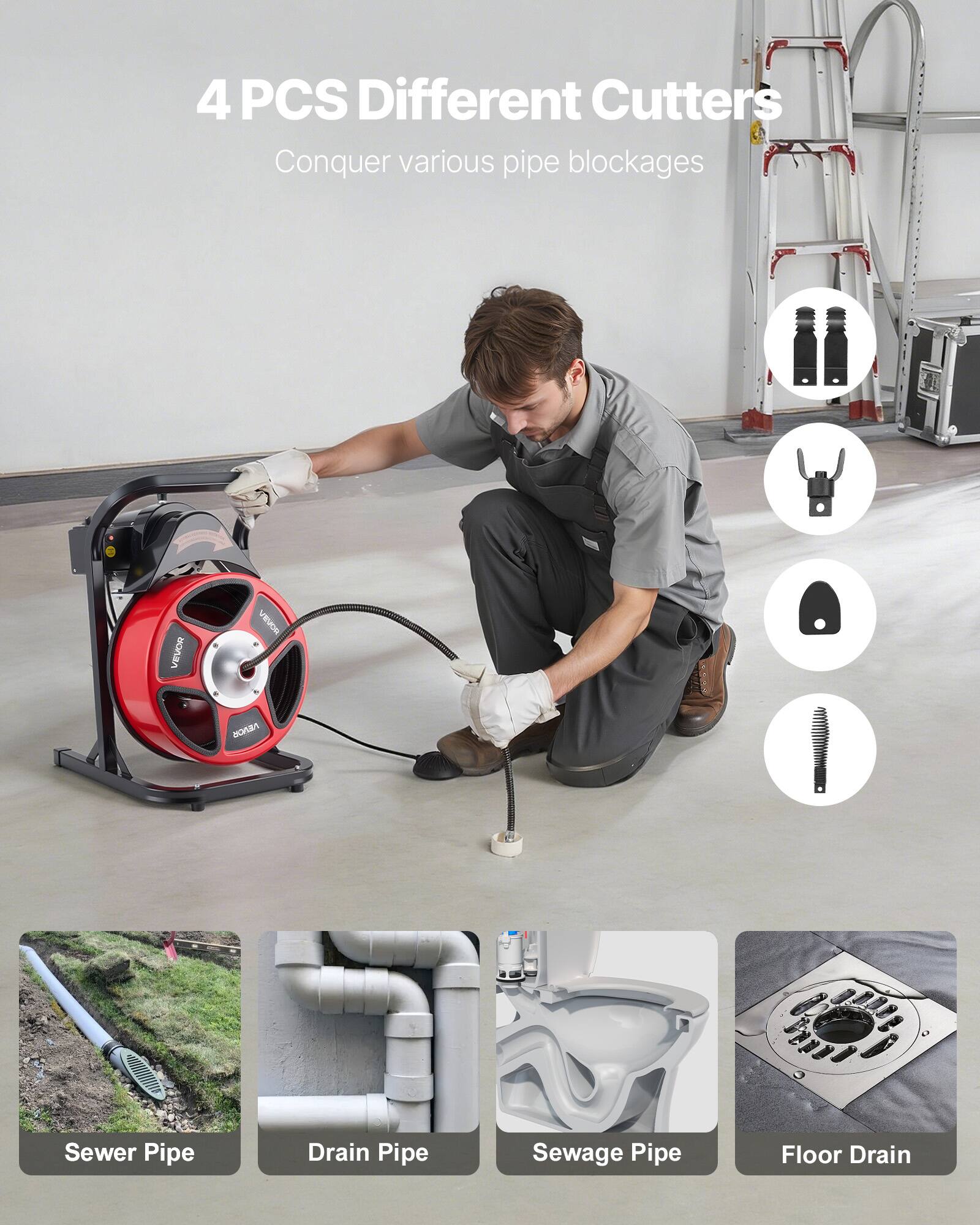4 PCS Different Cutters  
Conquer various pipe blockages  

VEVOR  

Sewer Pipe  
Drain Pipe  
Sewage Pipe  
Floor Drain