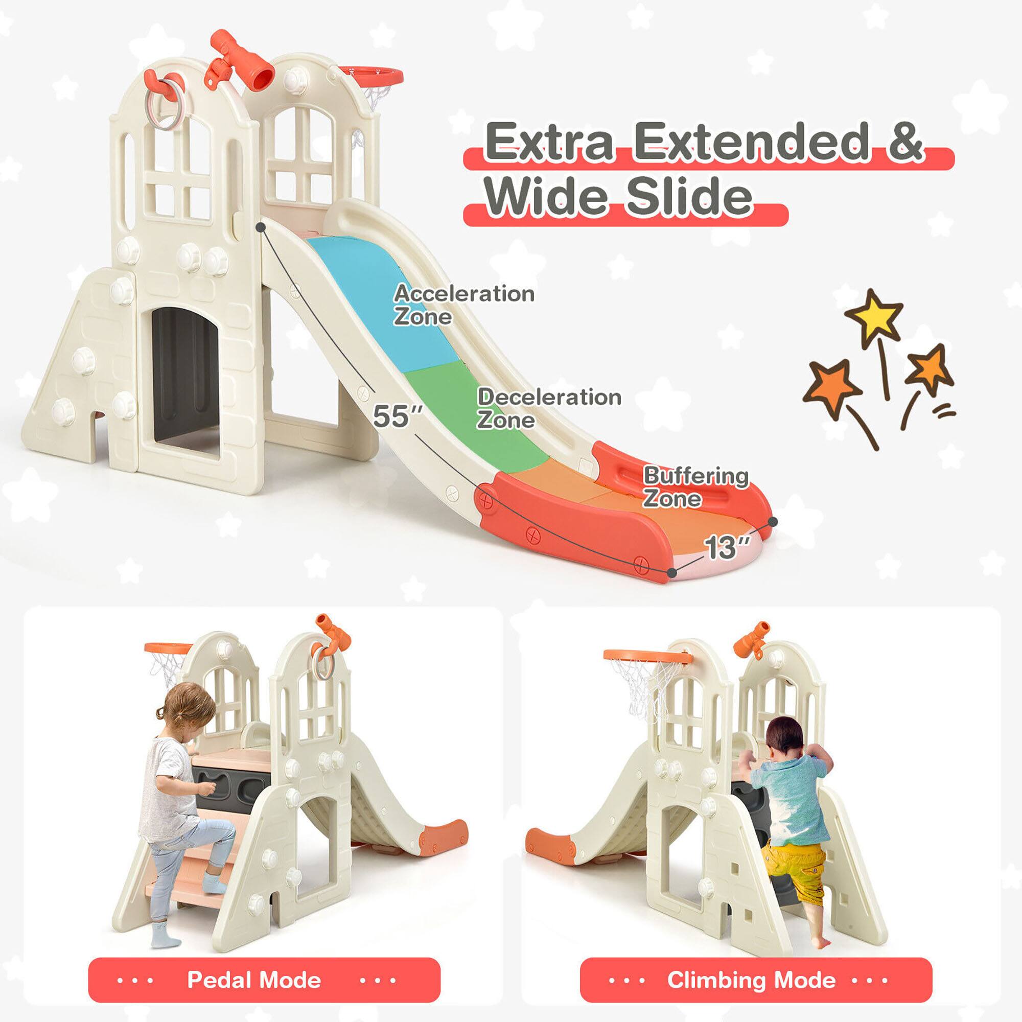 Extra Extended & Wide Slide

Acceleration Zone
55"

Deceleration Zone

Buffering Zone
13"

Pedal Mode

Climbing Mode