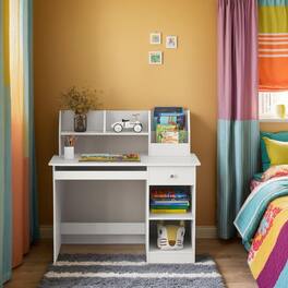 Resenkos - Kids Study Desk Children Writing Table with Hutch Drawer Shelves and Keyboard Tray- Small Folding Table - White