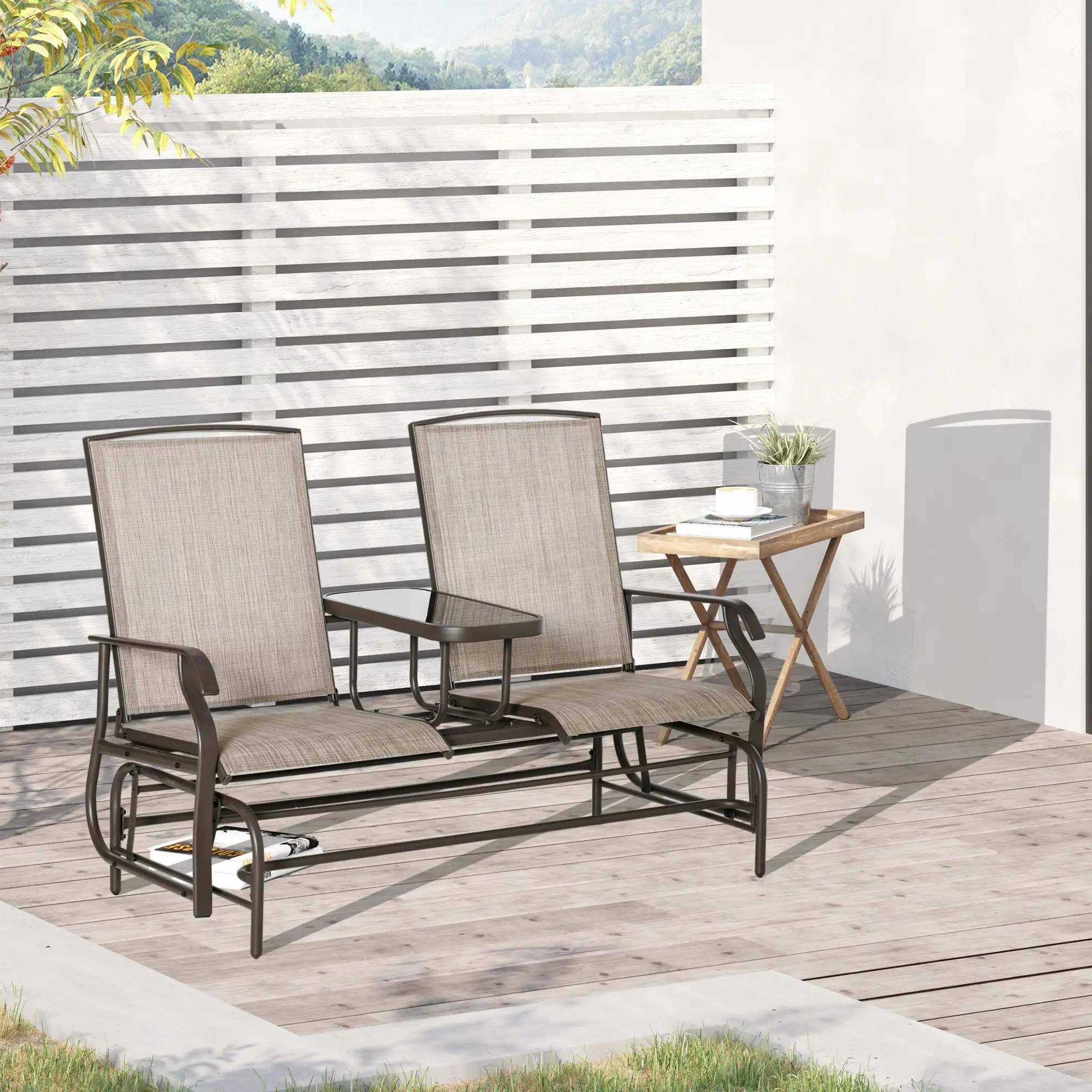 Left. Resenkos - Resenkos Outdoor Glider Bench with Mesh Fabric, Metal Frame Loveseat with Armrests,Patio Furniture for Garden Porch,Sand - Sand.