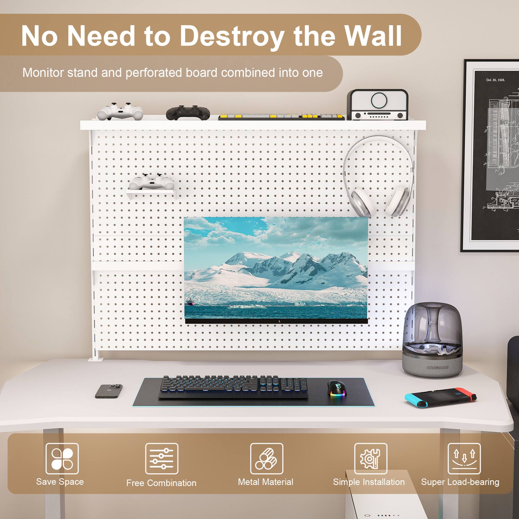 No Need to Destroy the Wall

Monitor stand and perforated board combined into one

- Save Space
- Free Combination
- Metal Material
- Simple Installation
- Super Load-bearing