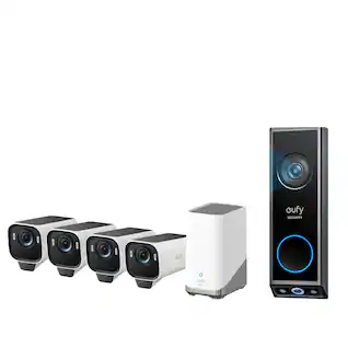 eufy - eufyCam S3 Pro 4-Cam Kit + Video Doorbell E340, Solar Camera Outdoor Wireless, MaxColor Night Vision, 4K Security Camera - White