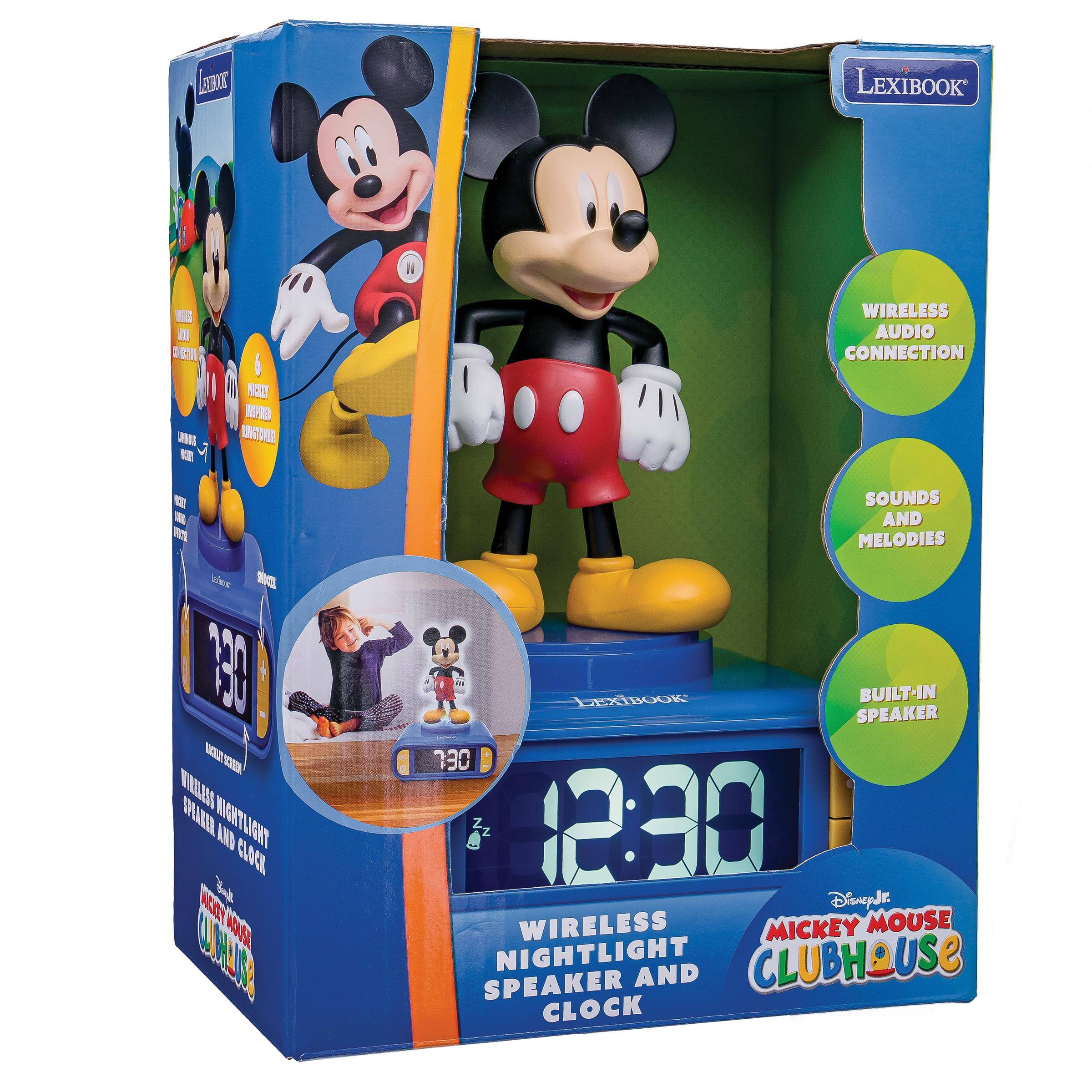 LEXIBOOK  
WIRELESS AUDIO CONNECTION  
180 BACRIUM SCRESSION WORKLESS SPEAKER NIGHTLIGHT AND CLOCK  
SOUNDS AND MELODIES  
LEXIBOOK BUILT-IN SPEAKER  
MICKEY MOUSE CLUBHOUSE