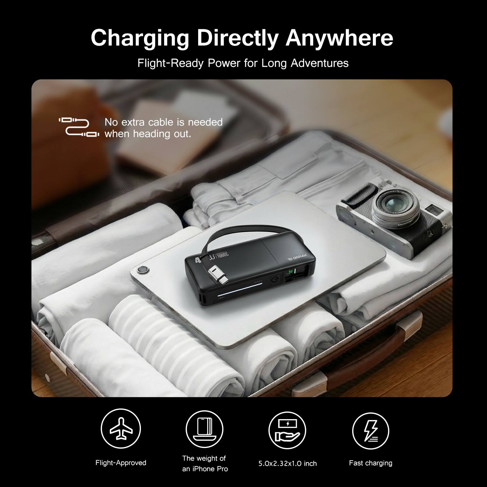 Charging Directly Anywhere  
Flight-Ready Power for Long Adventures  

No extra cable is needed when heading out.  

SO6cc - CHIOLER I Flight-Approved  

The weight of an iPhone Pro 5.0x2.32x1.0 inch  

Fast charging