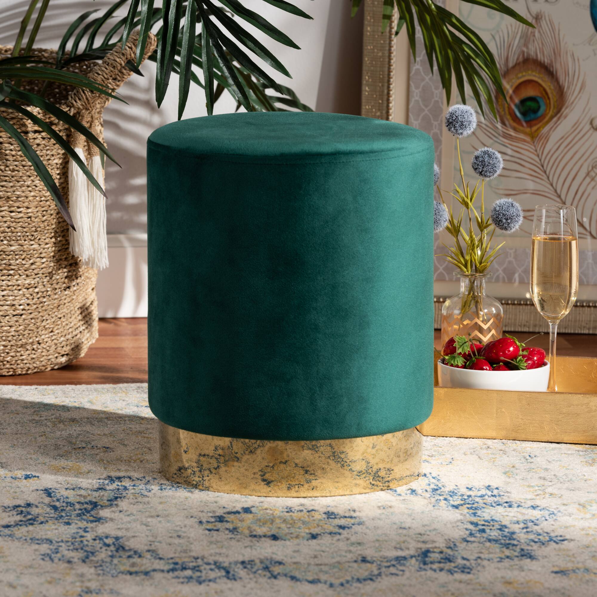 Alt View 1. Baxton Studio - Chaela Contemporary Glam and Luxe Velvet Fabric Upholstered and Gold Finished Metal Ottoman - Green/Gold.
