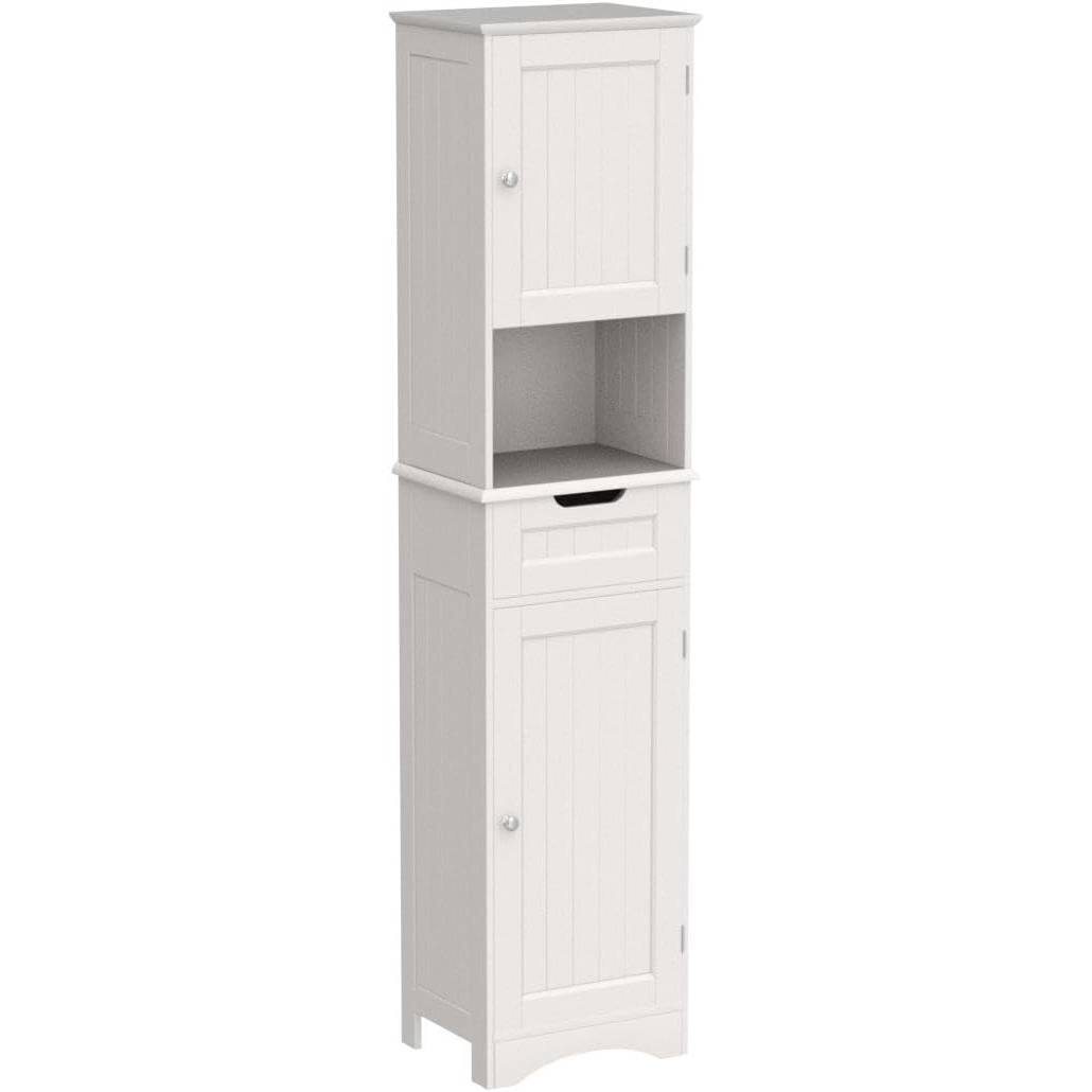 Left. Hivvago - White Bathroom Linen Cabinet Tower with 2 Doors Storage Drawer and Shelf - White.