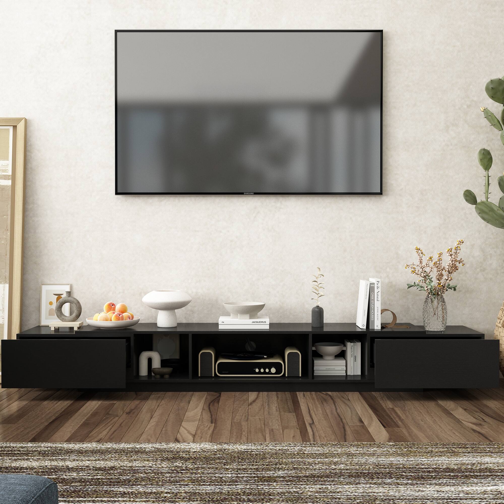 Front. FUFU & GAGA - TV Stand for 75-Inch TV – Modern Minimalist Media Console with Drawers & Open Storage for Living Room - Black.