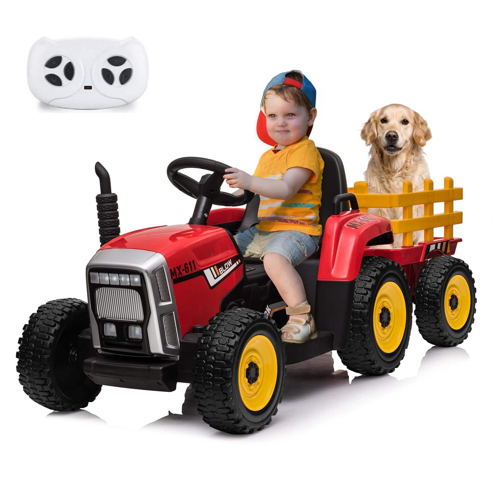 Acekool - 12V Kids Ride On Tractor with Trailer & Remote Control,Toddler Electric Vehicle Car with Led Headlights,35W - Red