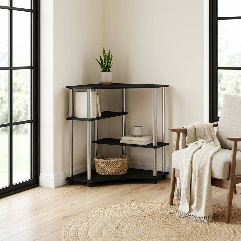 Left. BisonOffice - Corner Desk With Shelves In Brown And Stainless Steel For Home Office Use - Brown.
