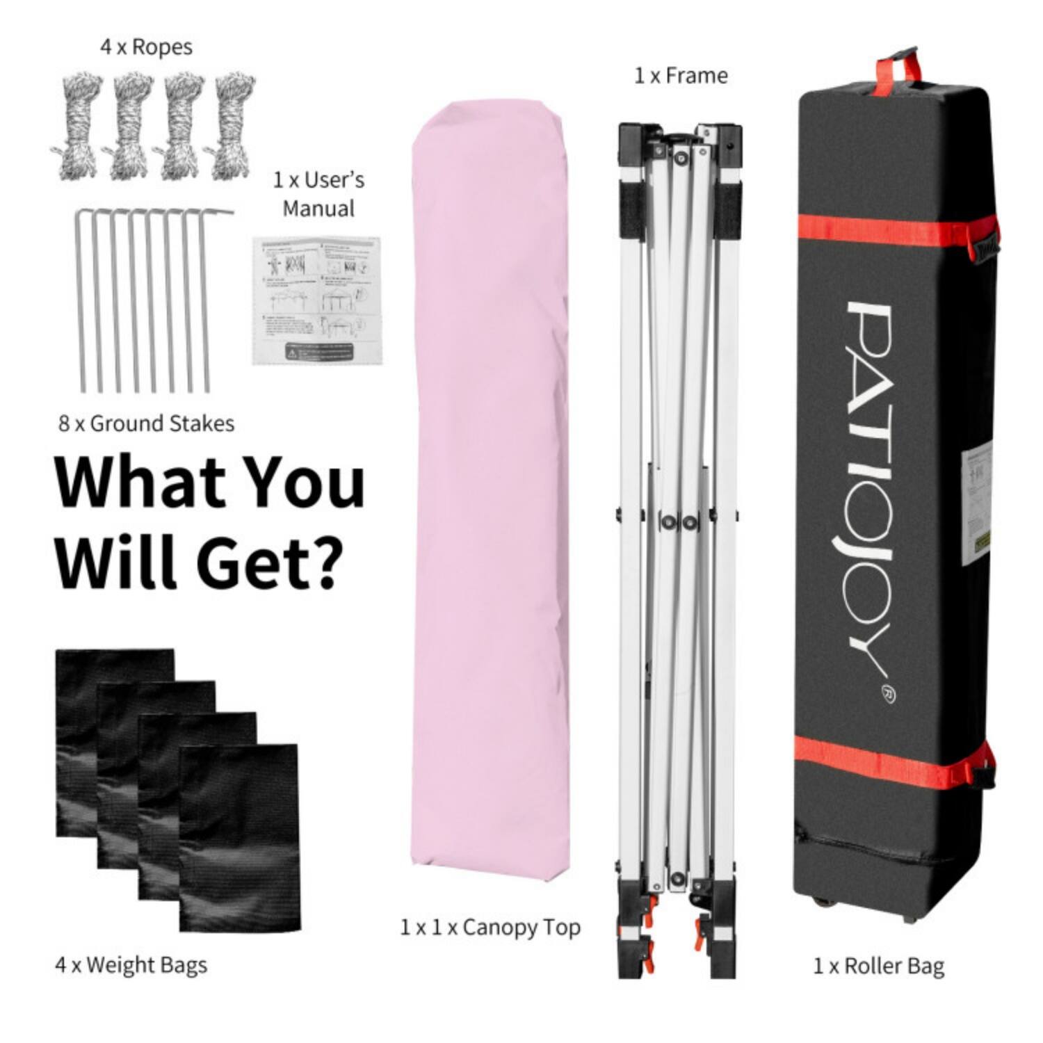 What You Will Get?

- 4 x Ropes
- 1 x Frame
- 1 x User's Manual
- 8 x Ground Stakes
- 4 x Weight Bags
- 1 x Canopy Top
- 1 x Roller Bag