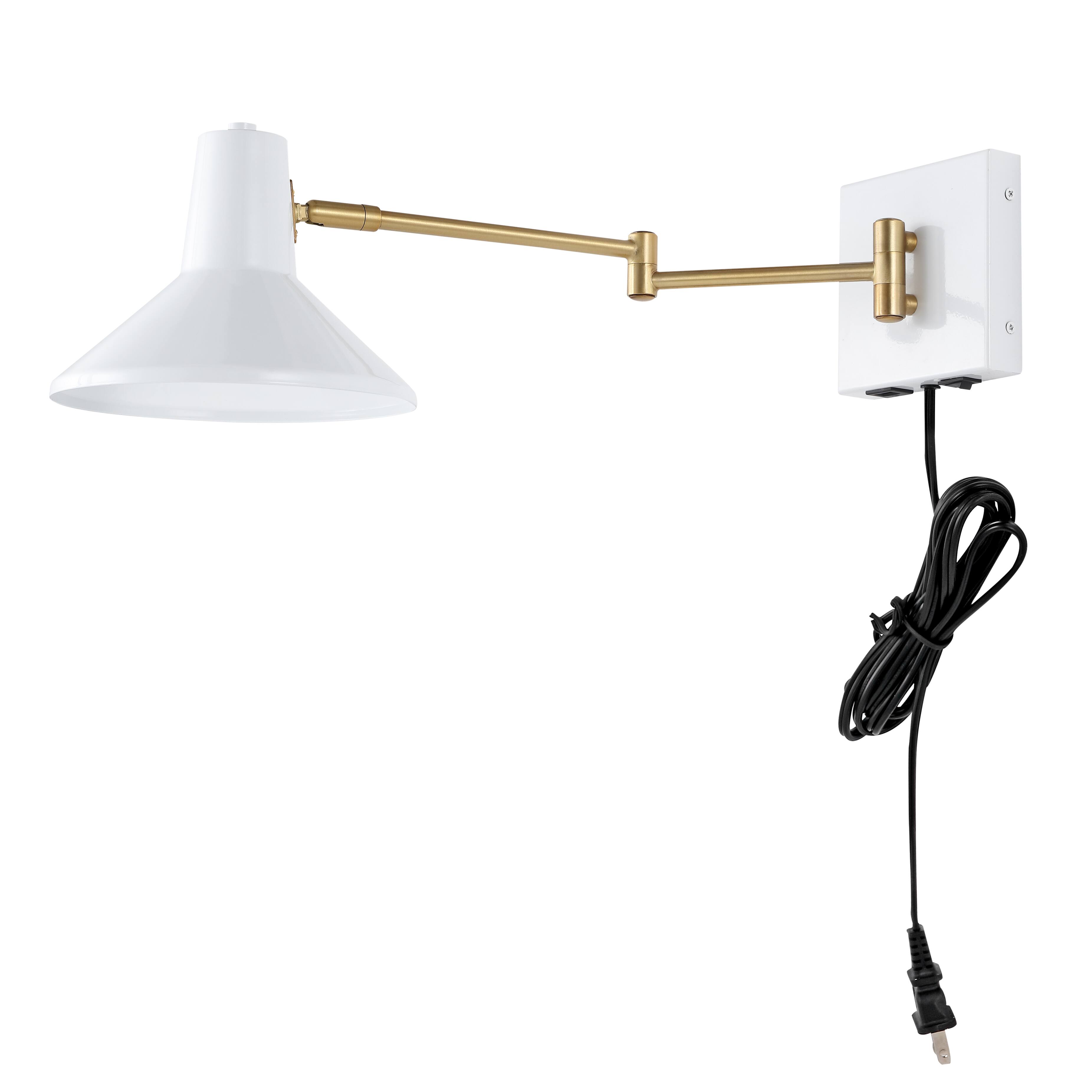 Alt View 6. Jonathan Y - Hygge 16" Swing Arm 1-Light Modern Midcentury Iron USB Charging Port LED Sconce, White/Brass Gold - White.