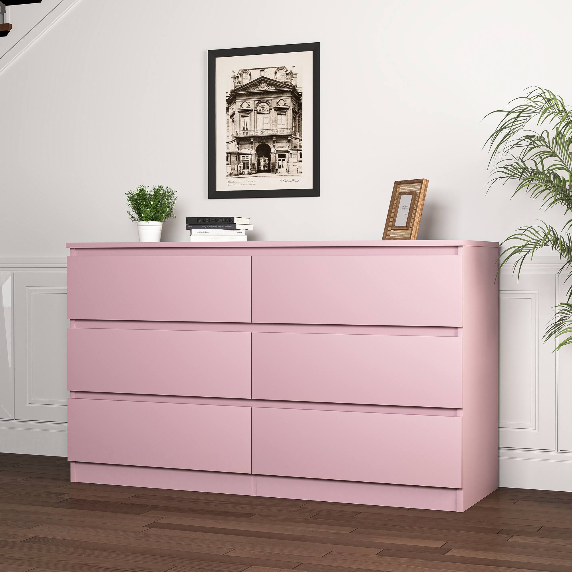 Alt View 4. Kadyn - Modern Mid Century 6 Drawer Wide Dressers Chests for Bedroom, Chest of Drawer Organizer - Pink.