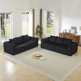 Anysun - 3+3-Seater Minimalist Corduroy Sofa with Curved Lines & Horn-Shaped Throw Pillows – Ergonomic Modular Cloud Sofa - Black