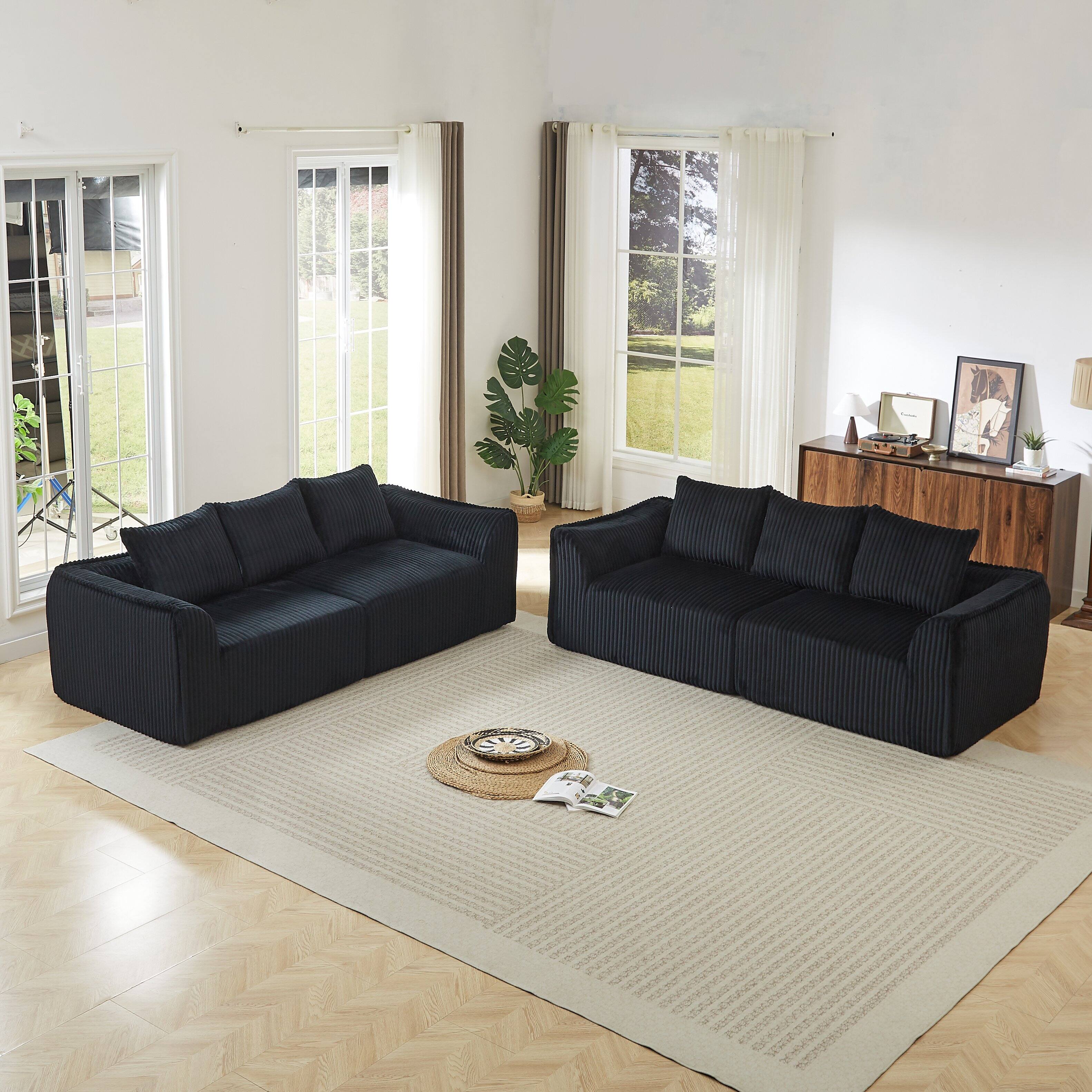 Front. Anysun - 3+3-Seater Minimalist Corduroy Sofa with Curved Lines & Horn-Shaped Throw Pillows – Ergonomic Modular Cloud Sofa - Black.