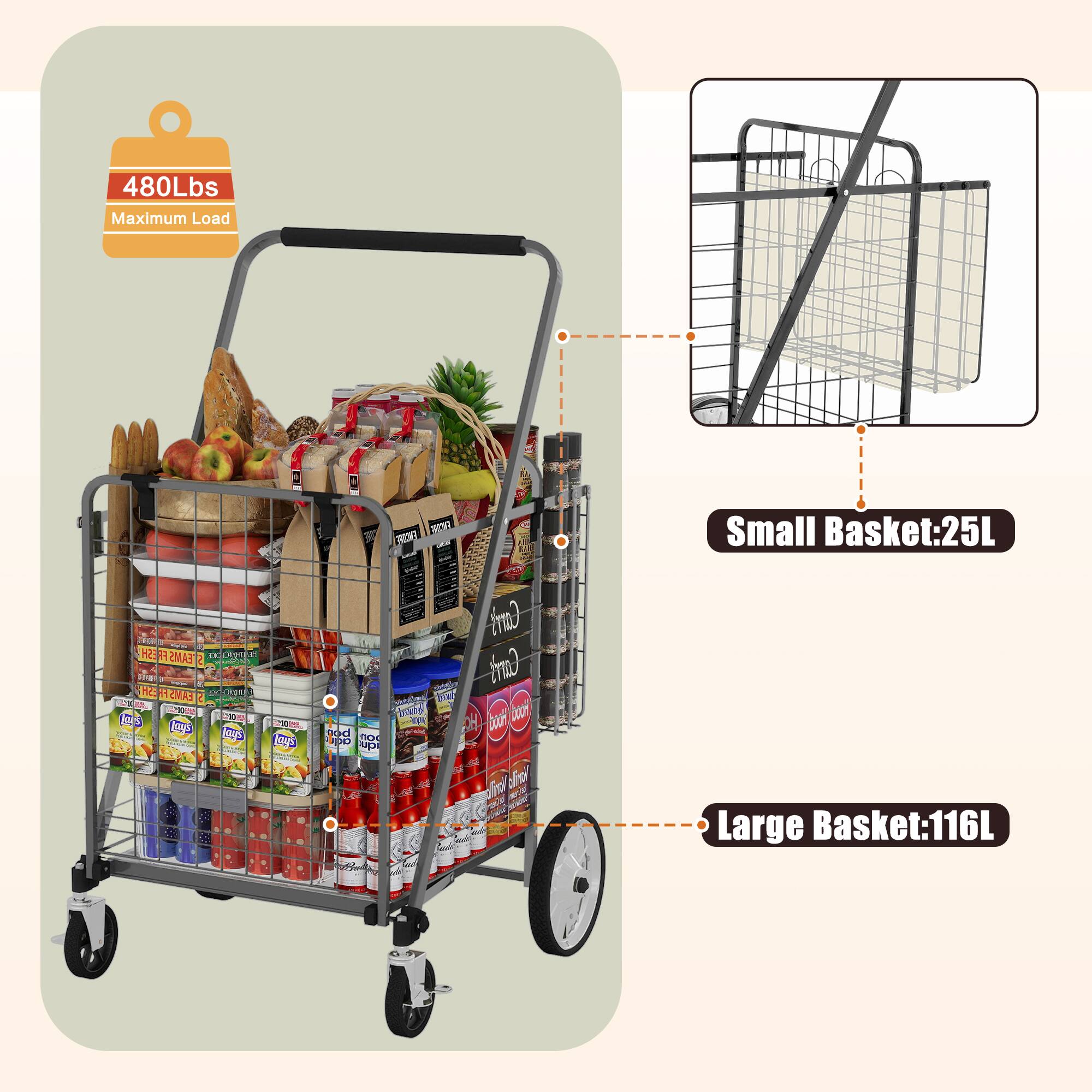 480Lbs Maximum Load

Small Basket: 25L

Large Basket: 116L