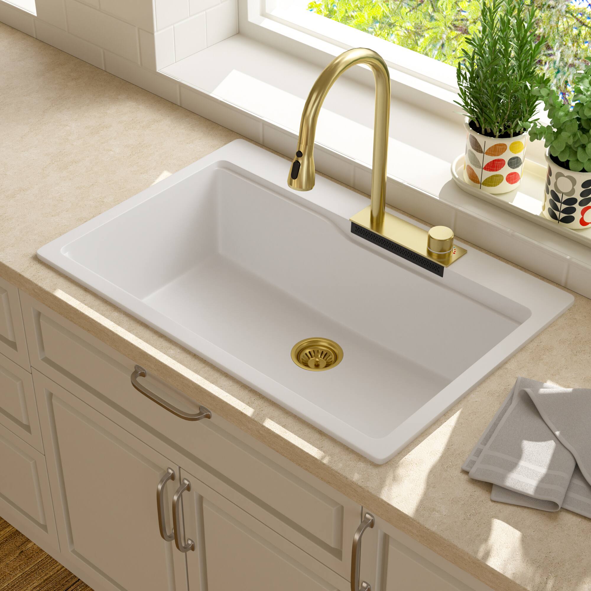 Angle. Lordear - 33x22x10 Inch White Granite Composite Waterfall kitchen Sink Drop In Single Bowl Quartz Workstation Kitchen Sink - White.