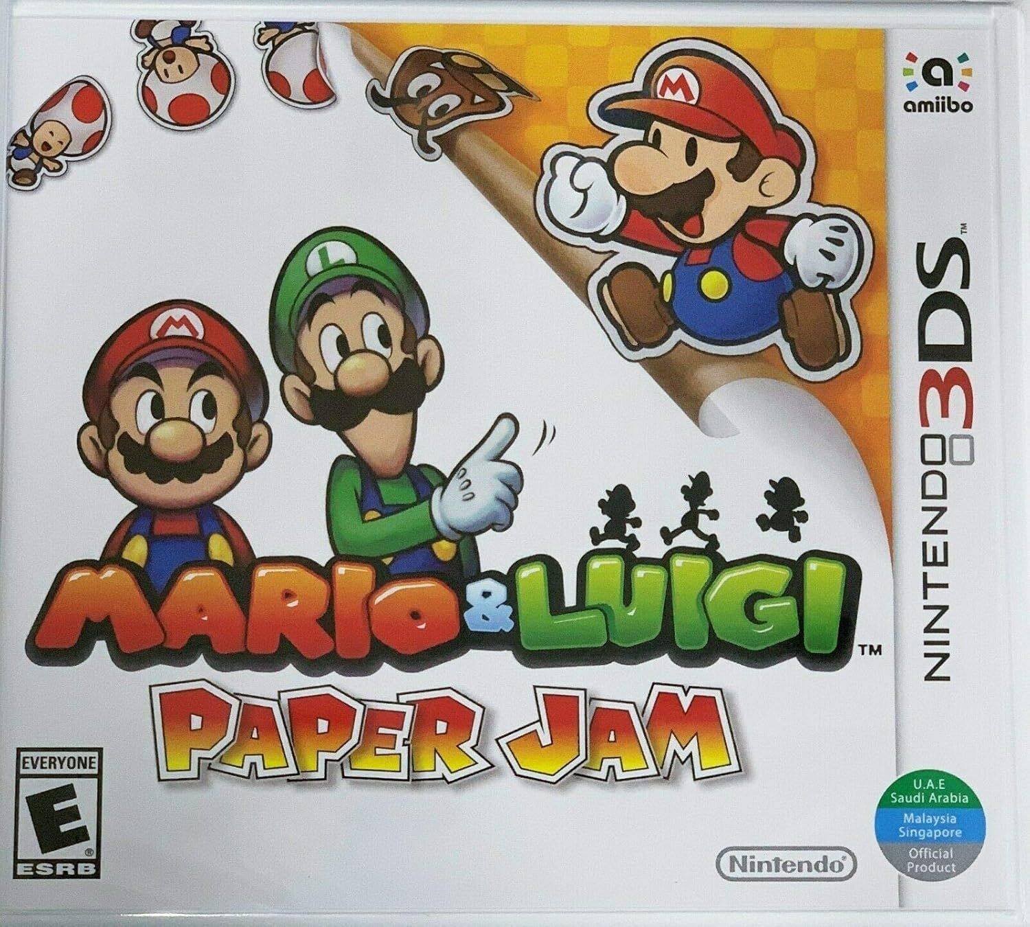 Sure, here is the corrected and grouped text from the image:

---

**Mario & Luigi™ Paper Jam**

**Nintendo 3DS**

**amiibo**

**Nintendo**

**ESRB: EVERYONE**

**U.A.E. Saudi Arabia Malaysia Singapore**

**Official Product**

---

This text is from the cover of the Nintendo 3DS game "Mario & Luigi Paper Jam."