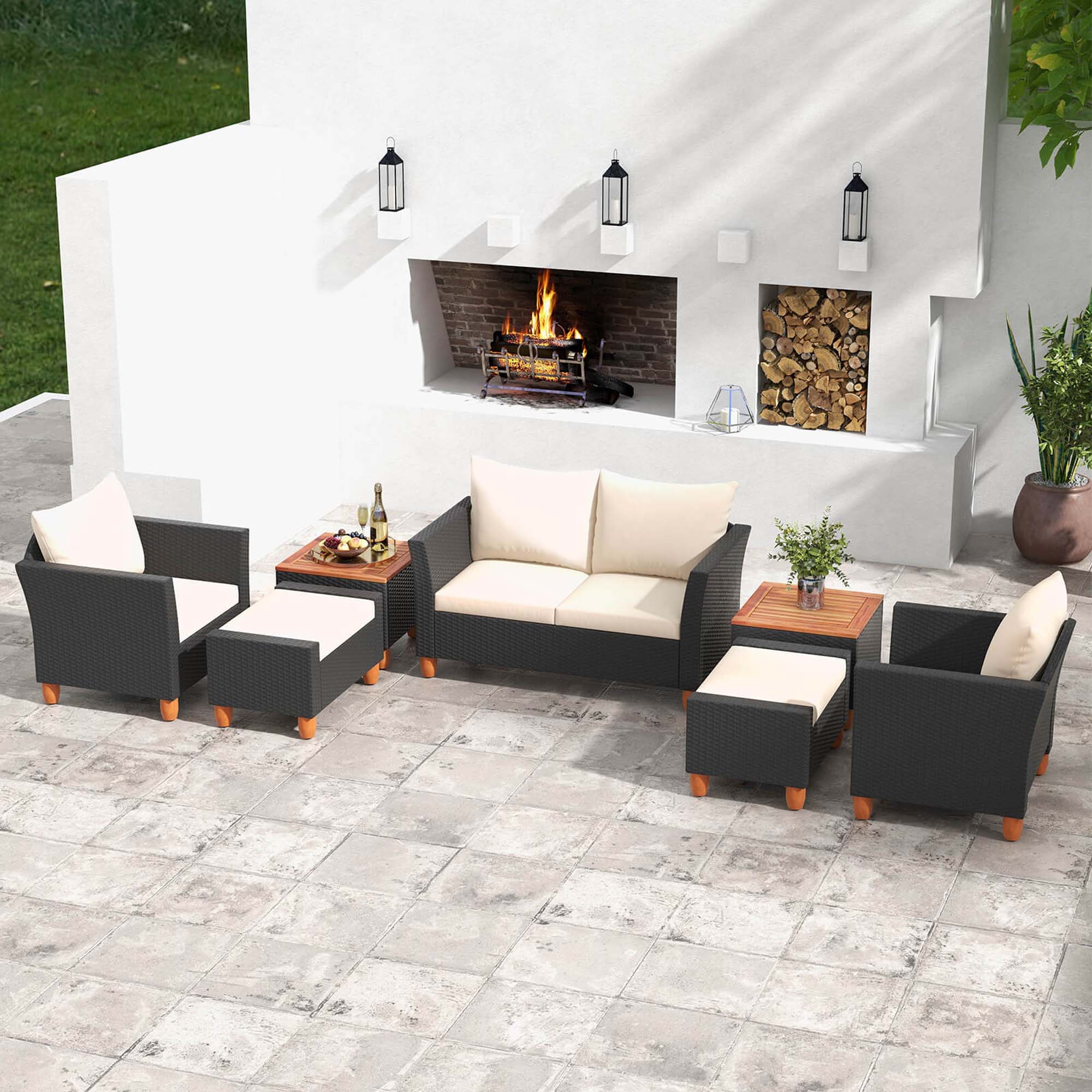 Alt View 1. Costway - 7 PCS Patio Furniture Set with Loveseat Armchairs Ottomans & Storage Table - Black,White.