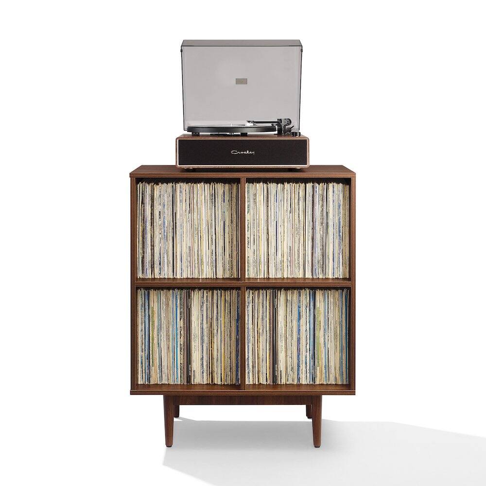Left. Crosley Furniture - Liam 4 Cube Record Player Stand With Vinyl Storage - Walnut.