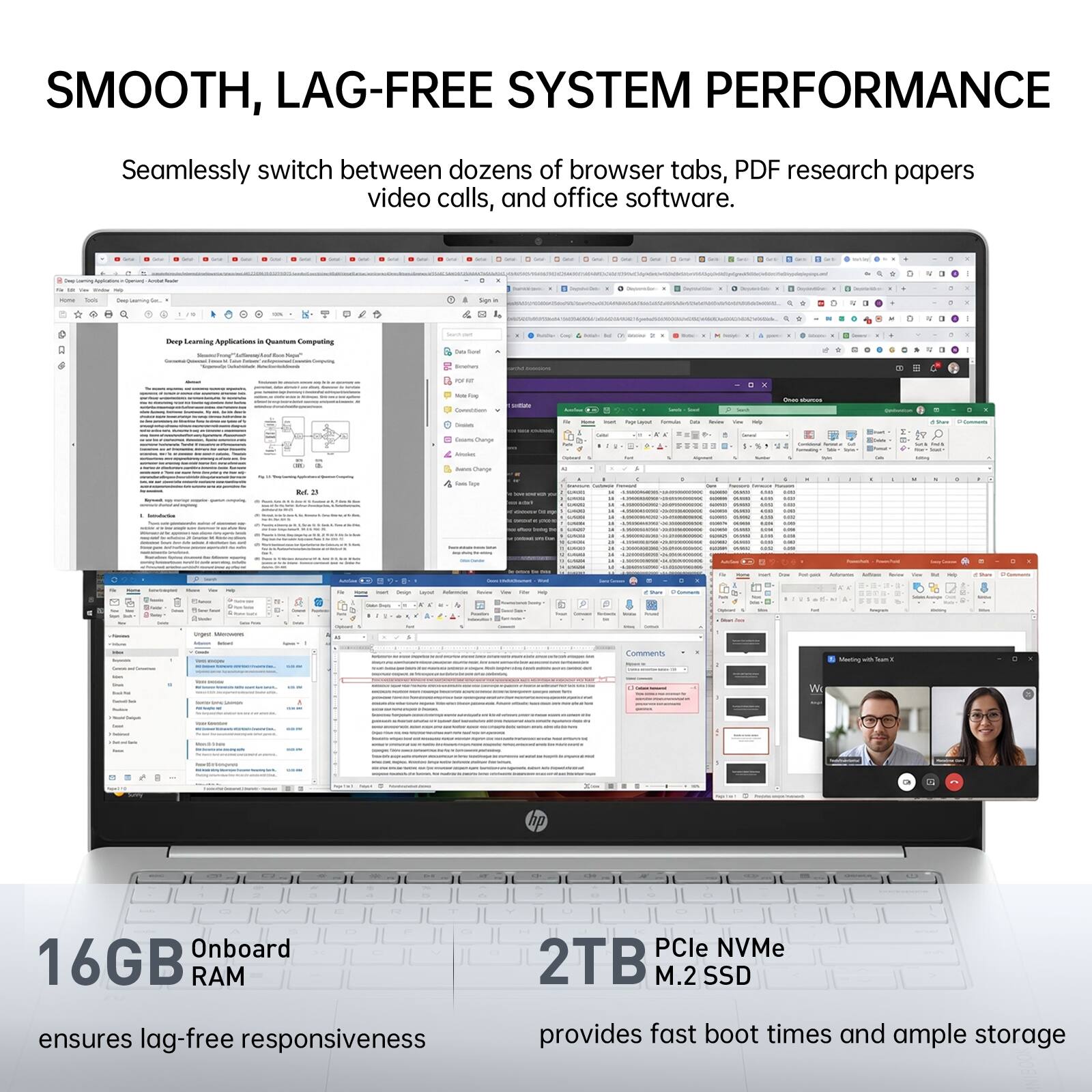 SMOOTH, LAG-FREE SYSTEM PERFORMANCE

Seamlessly switch between dozens of browser tabs, PDF research papers, video calls, and office software.

16GB Onboard RAM ensures lag-free responsiveness

2TB PCIe NVMe M.2 SSD provides fast boot times and ample storage