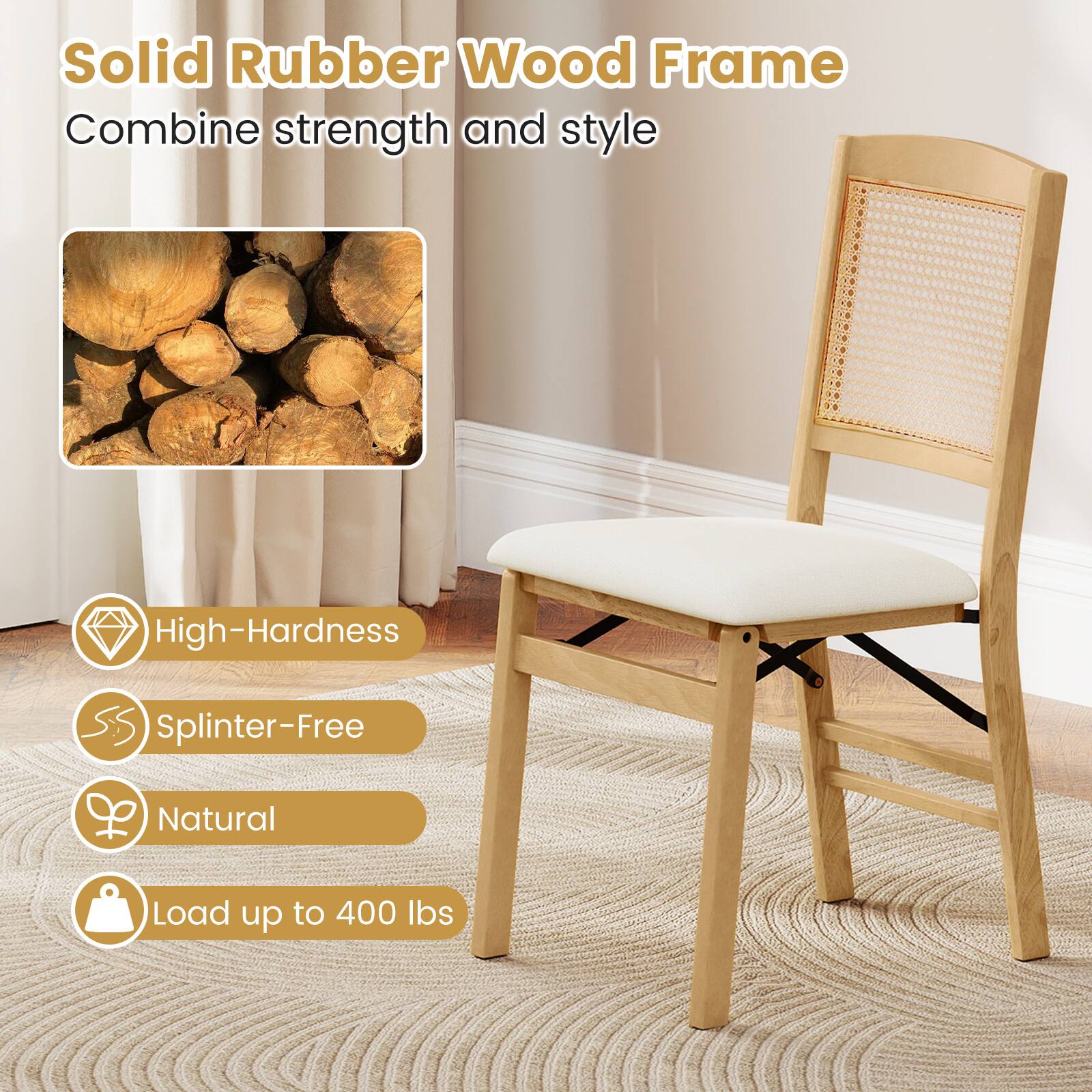 Solid Rubber Wood Frame  
Combine strength and style  

- High-Hardness  
- Splinter-Free  
- Natural  
- Load up to 400 lbs