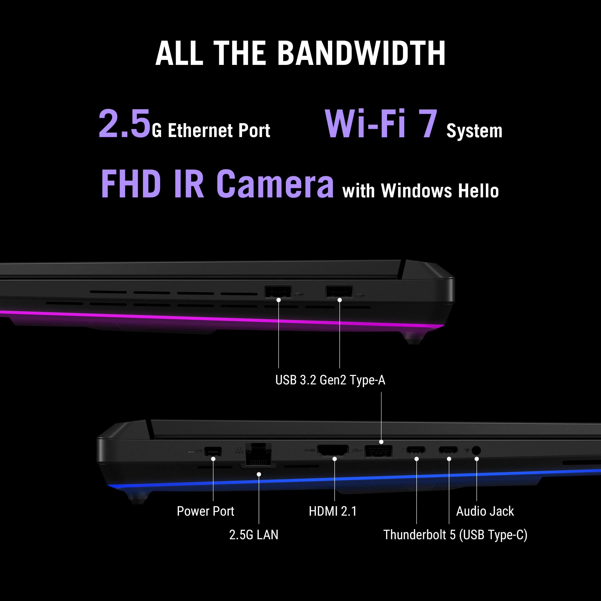 ALL THE BANDWIDTH  
2.5G Ethernet Port  
Wi-Fi 7 System  
FHD IR Camera with Windows Hello  
USB 3.2 Gen2 Type-A  
Power Port  
HDMI 2.1  
Audio Jack  
2.5G LAN  
Thunderbolt 5 (USB Type-C)