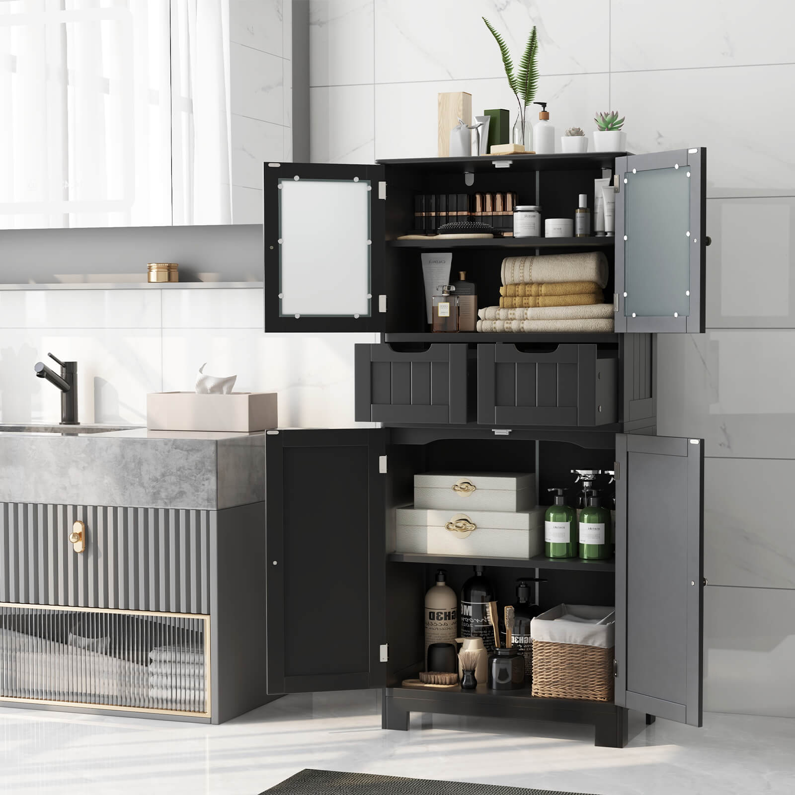 Alt View 1. Costway - Costway Bathroom Floor Storage Cabinet Kitchen Cupboard with 2 Drawers & Glass Doors Black - Black.