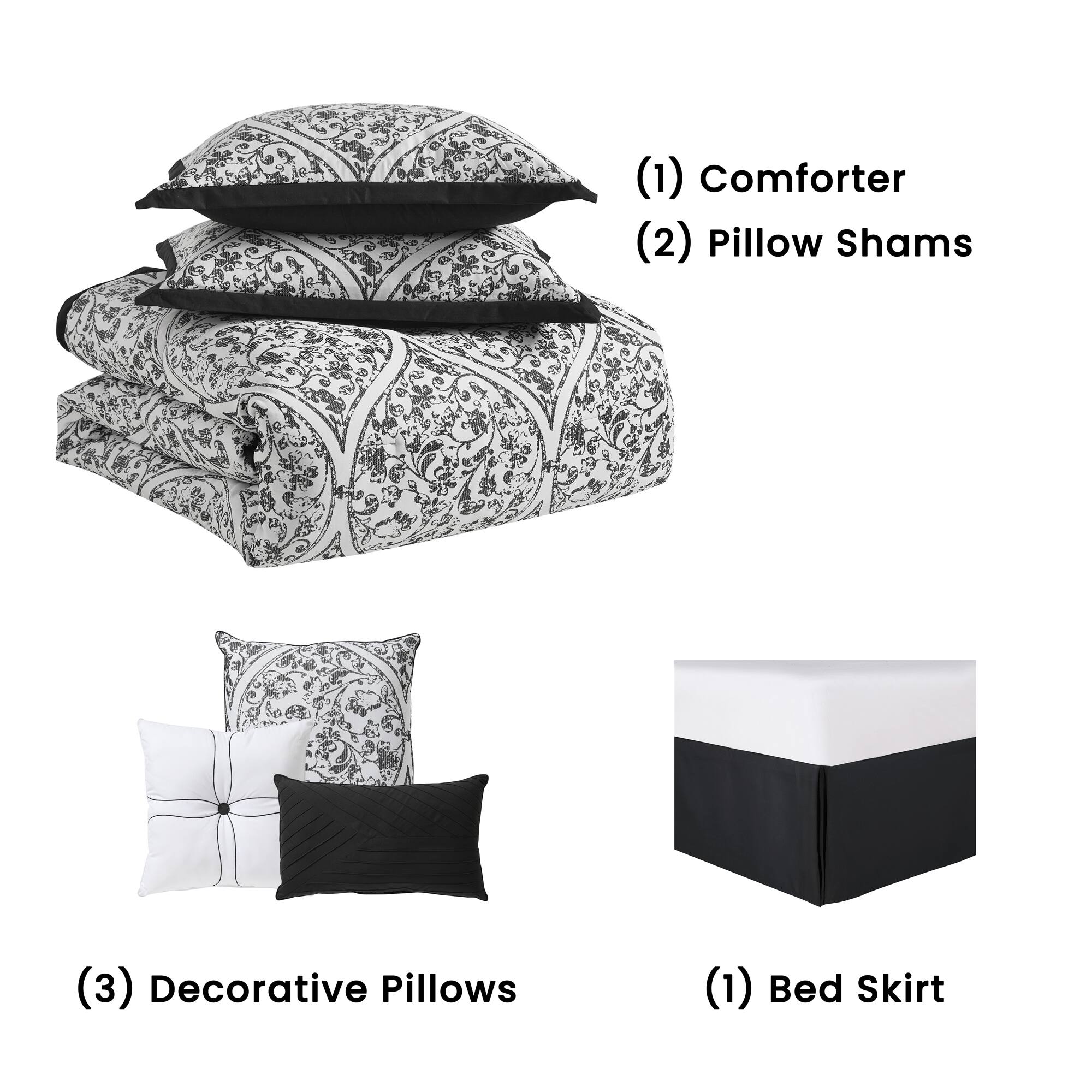 (1) Comforter  
(2) Pillow Shams  

(3) Decorative Pillows  

(1) Bed Skirt
