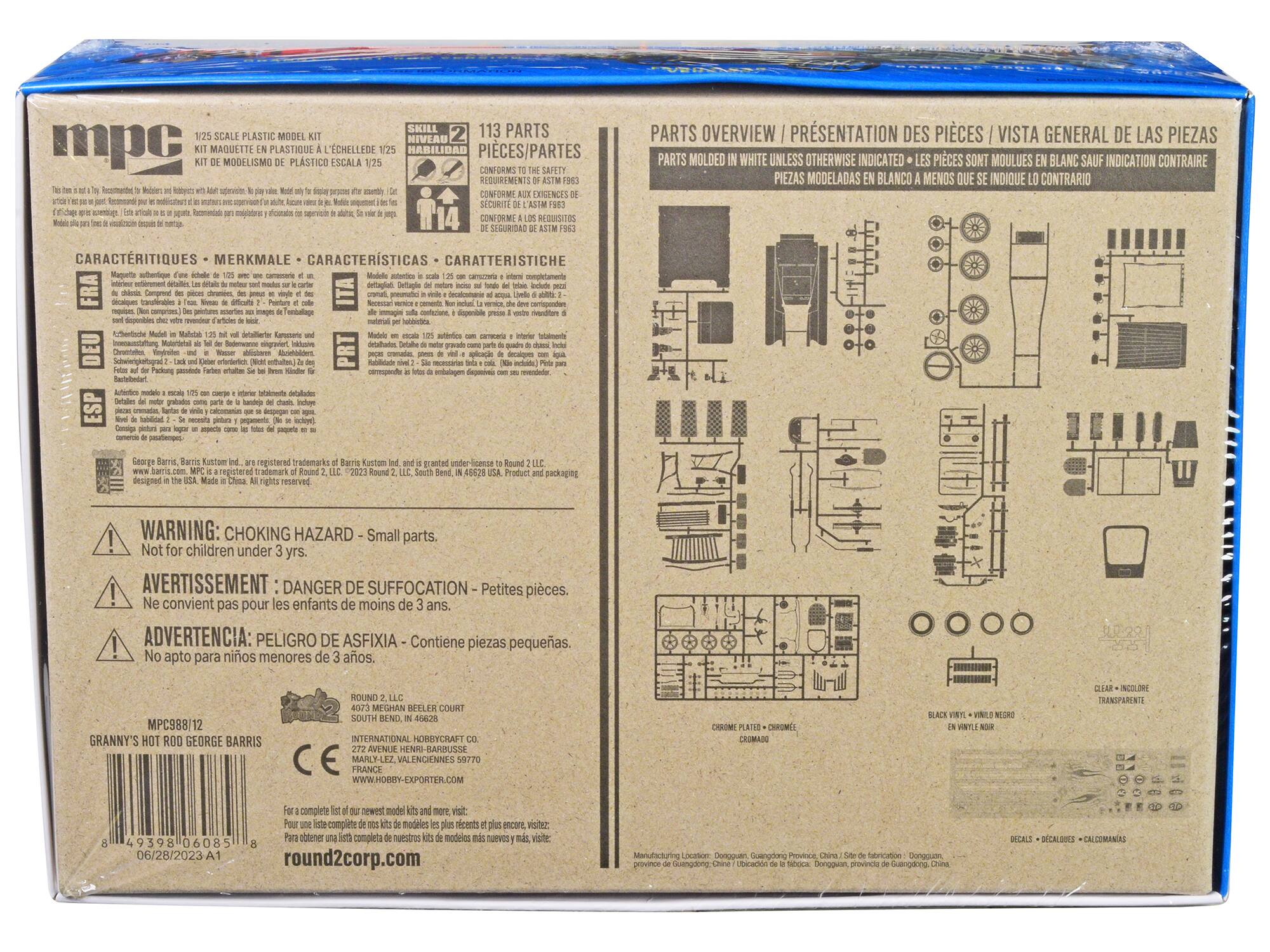 Sure, here is the corrected and grouped text from the image:

---

**MPC**  
1/25 SCALE PLASTIC MODEL KIT  
KIT NAQUETTE EN PLASTIQUE ÉCHELLE 1/25  
MAQUETTE PLASTIQUE ECHELLE 1/25  
MODELLO PLASTICO ESCALA 1/25  

**113 PARTS**  
PIÈCES/PARTES  
REQUIREMENTS OF ASTM F963  
CONFORMS TO THE SAFETY REQUIREMENTS OF ASTM F963  
CONFORME A LOS REQUISITOS DE SEGURIDAD DE ASTM F963  
CONFORME A LOS REQUISITOS DE SEGURIDAD DE ASTM F963  

**CARACTÉRISTIQUES • MERKMALE • CARACTERÍSTICAS • CARATTERISTICHE**  
- Magnétiques authentiques à l'échelle 1/25 avec une caméra et un déflecteur de lumière.  
- Conformes aux normes de sécurité.  
- Contient des pièces en plastique.  
- Magnétiques authentiques a l'échelle 1