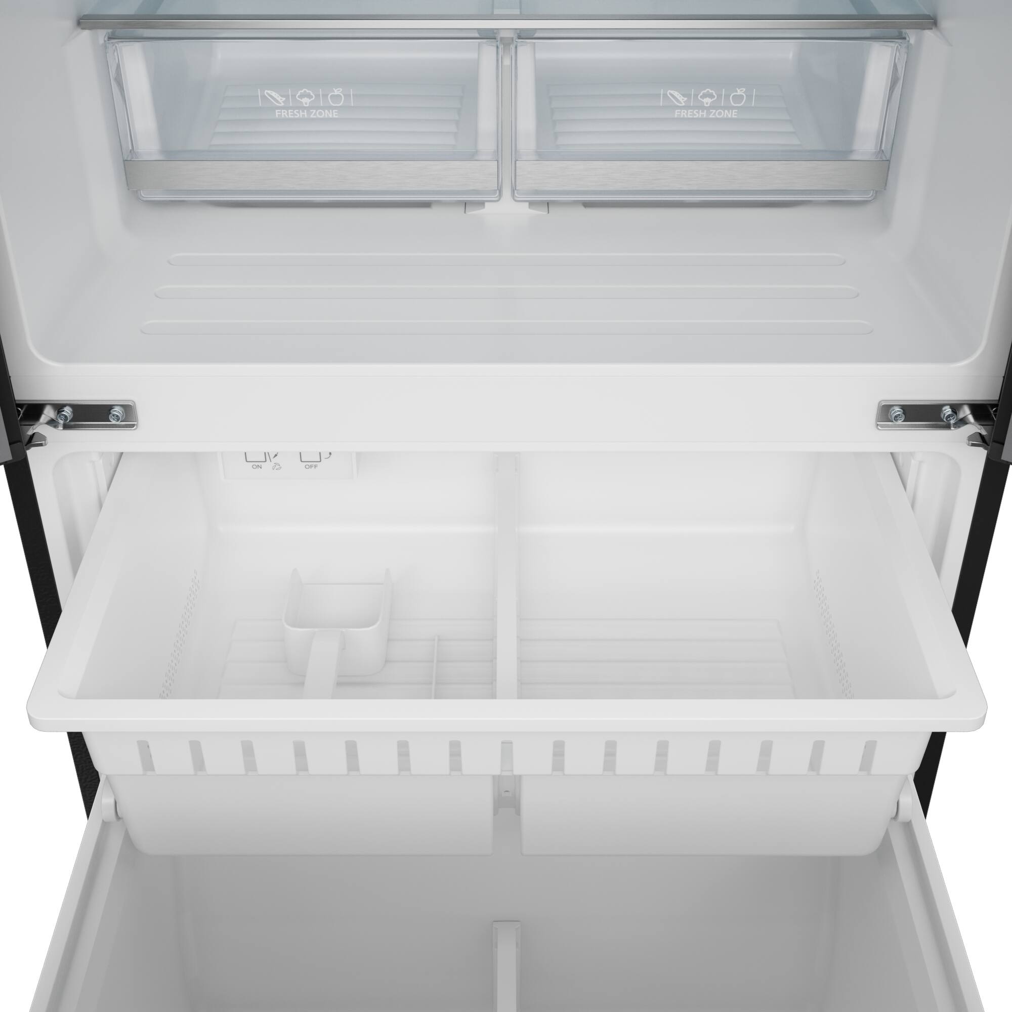 The text on the image reads "Fresh Zone 0°C" which indicates that the refrigerator has a separate compartment for fresh items, maintaining a temperature of 0 degrees Celsius.