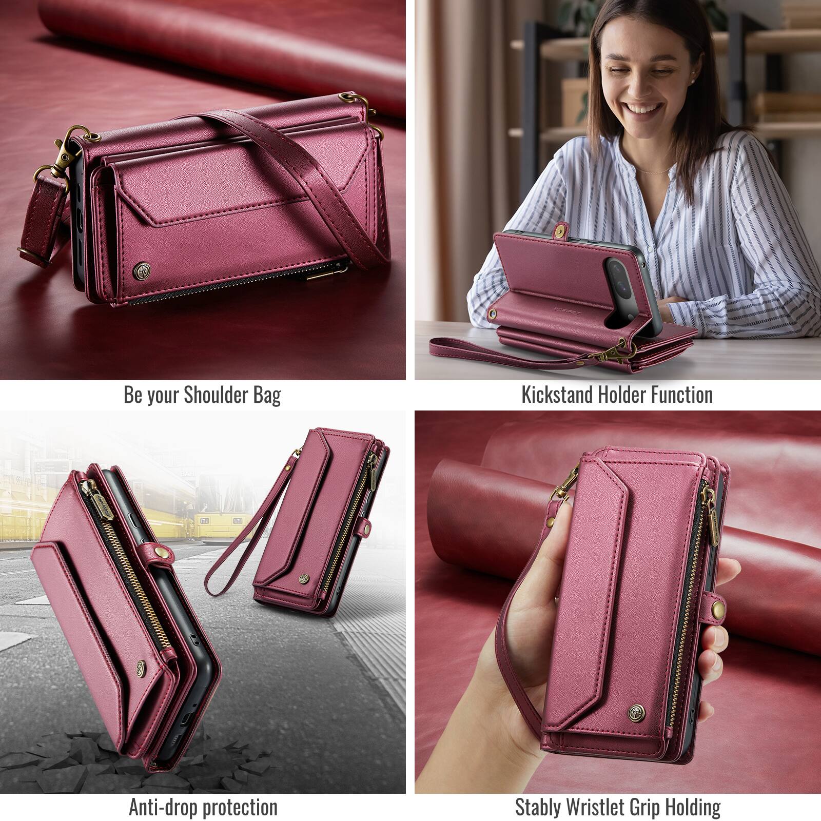 Be your Shoulder Bag  
Kickstand Holder Function  
Anti-drop protection  
Stably Wristlet Grip Holding