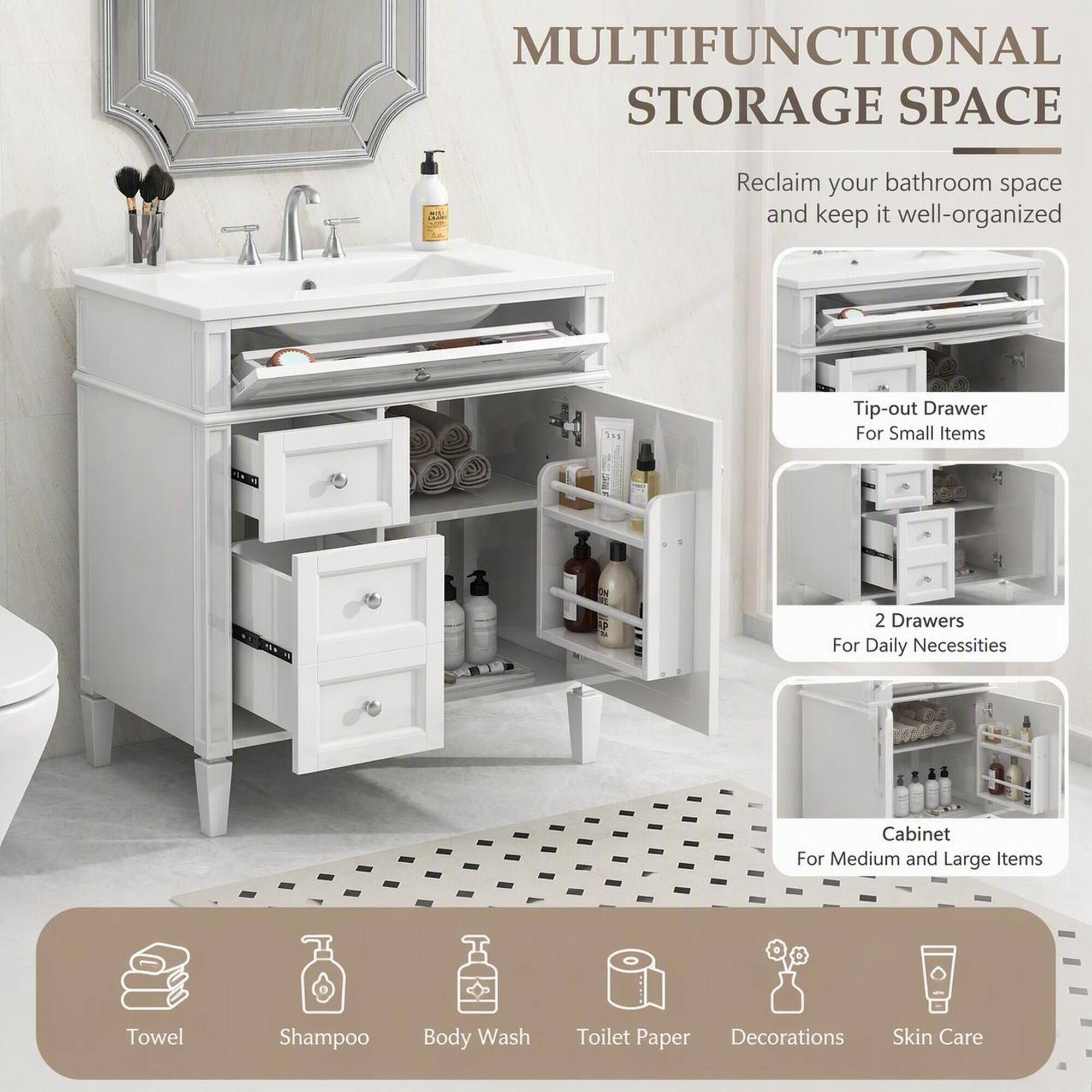 RYHNUYNE 30 Inch Freestanding Bathroom Vanity with Ceramic Sink, 2 ...
