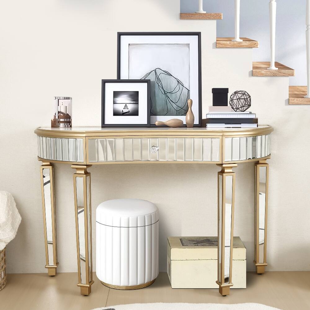 Left. Loheer - Loheer 47 inch half moon mirrored console table, silver entryway vanity desk with crystal knob drawer - Gold and Silver.