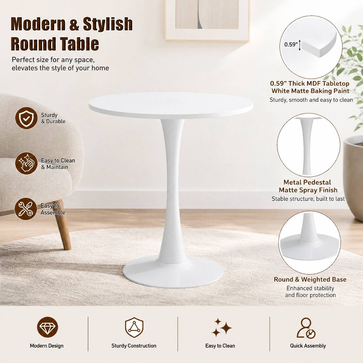Loheer Round Dining Table, MDF Top and Tulip Base, 24 Inch Round Dining ...
