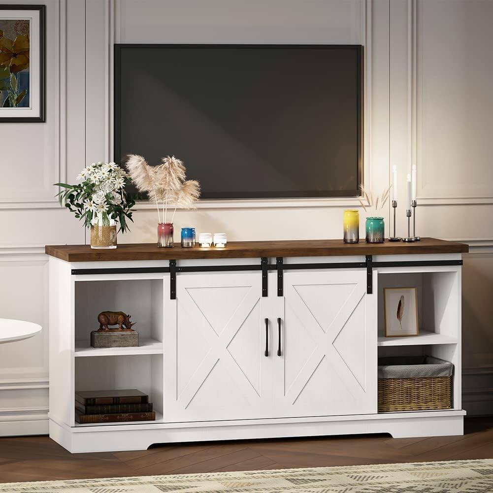 Alt View 2. Qeetex - 59" Farmhouse TV Stand for 65 Inch TV, Sliding Barn Doors, Adjustable Shelves & Media Console Storage - White.