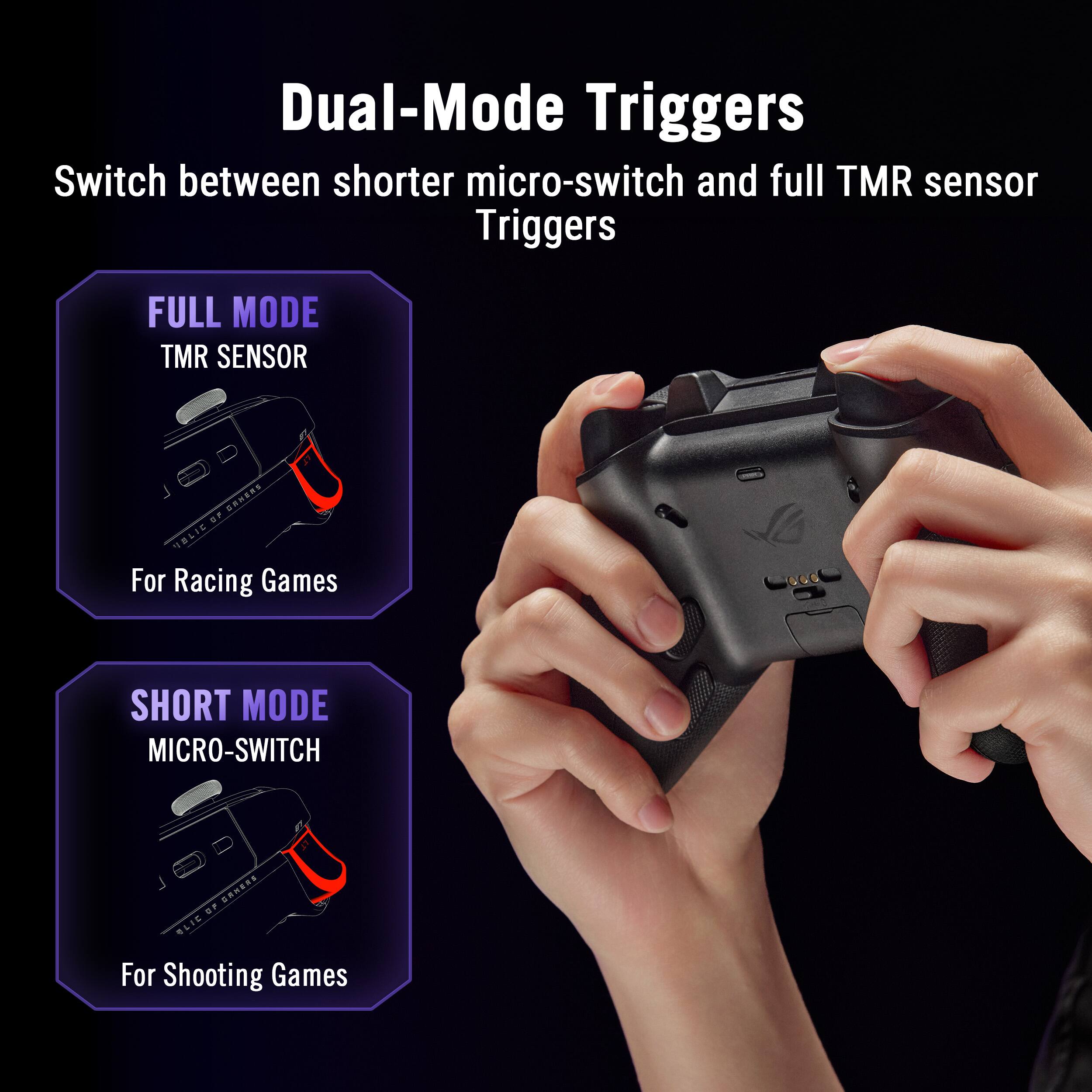 Dual-Mode Triggers  
Switch between shorter micro-switch and full TMR sensor Triggers  

FULL MODE  
TMR SENSOR  
For Racing Games  

SHORT MODE  
MICRO-SWITCH  
For Shooting Games